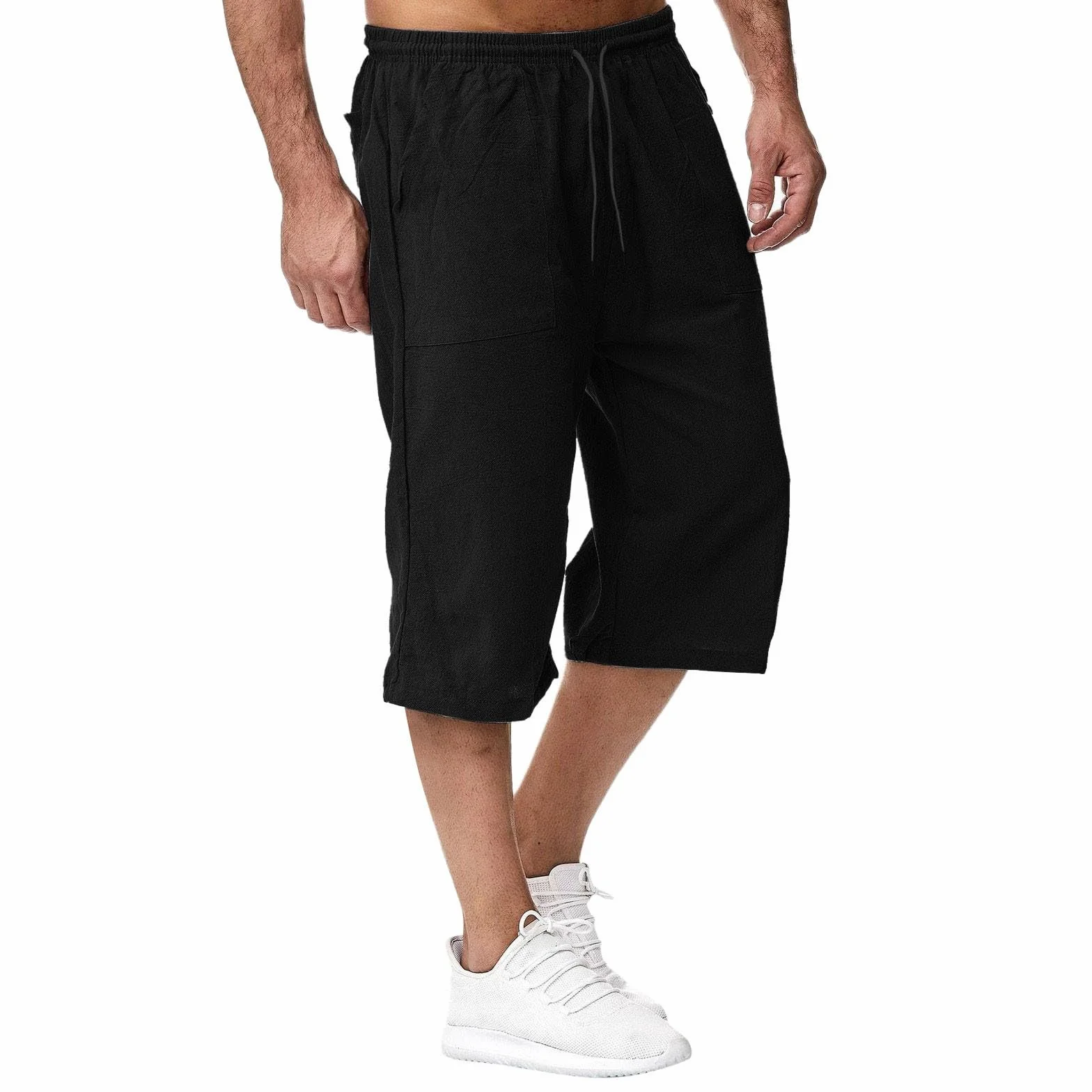 Pantacourt Homme Lin Shorts Bermudas Sport Coton 3/4 Taille Elastique