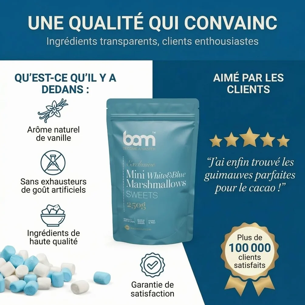BAM Mini Marshmallow – Guimauves Sucrées Pour Chocolat Chaud, Desserte et Décoration, Blancs et Bleus, 250g