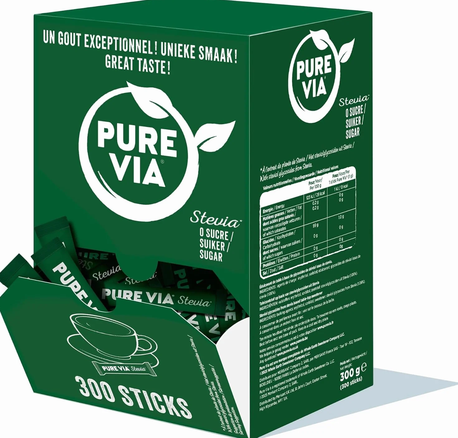 Pure Via - Stevia - Sticks - Zéro calorie, Zéro Sucre 300 sticks - Alternative d'Origine Naturelle au Sucre | 300g