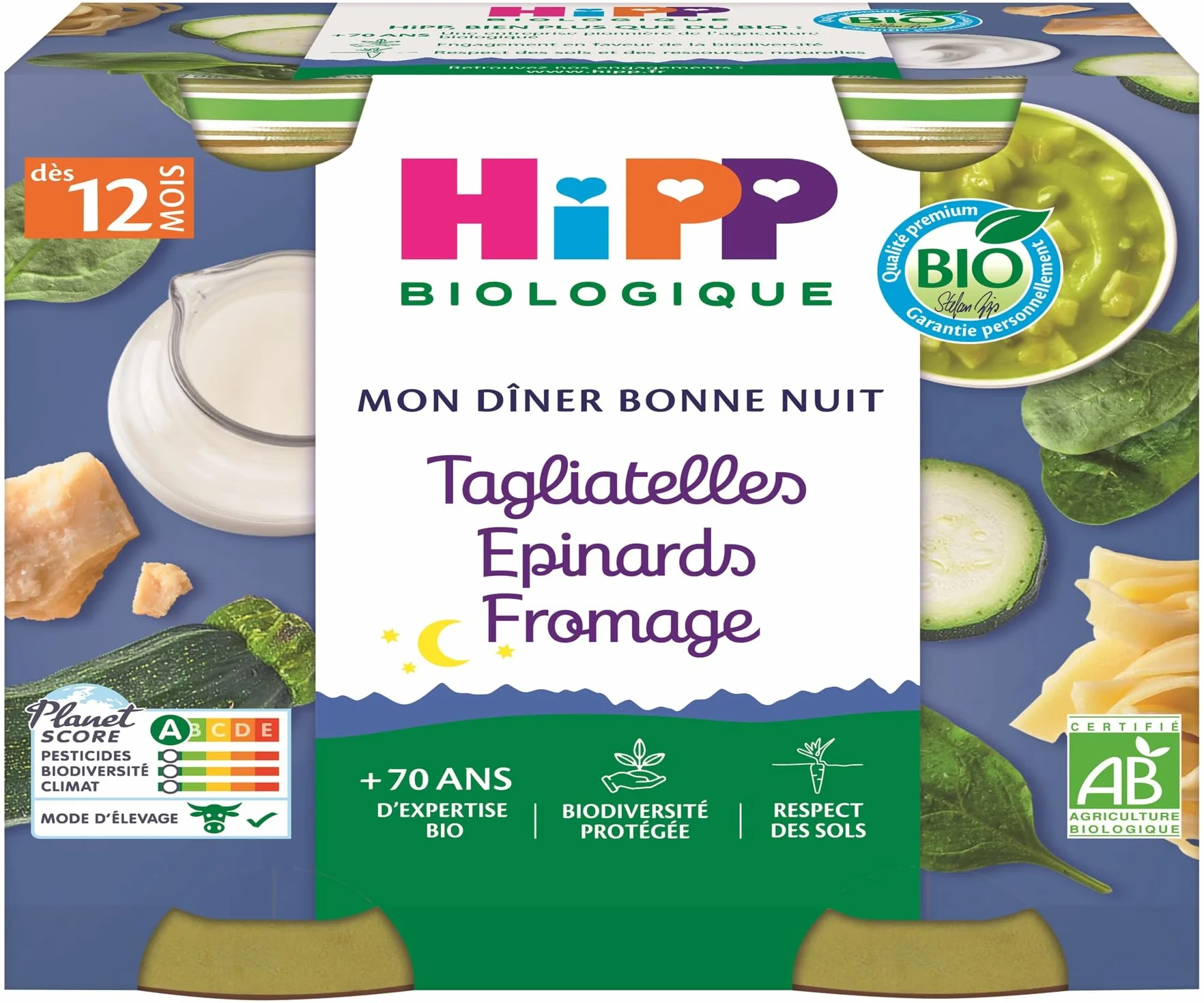HiPP - Mon Dîner Bonne Nuit - Tagliatelles Epinards Fromage - Pots 2x250g - Lot de 6 - BIOLOGIQUE