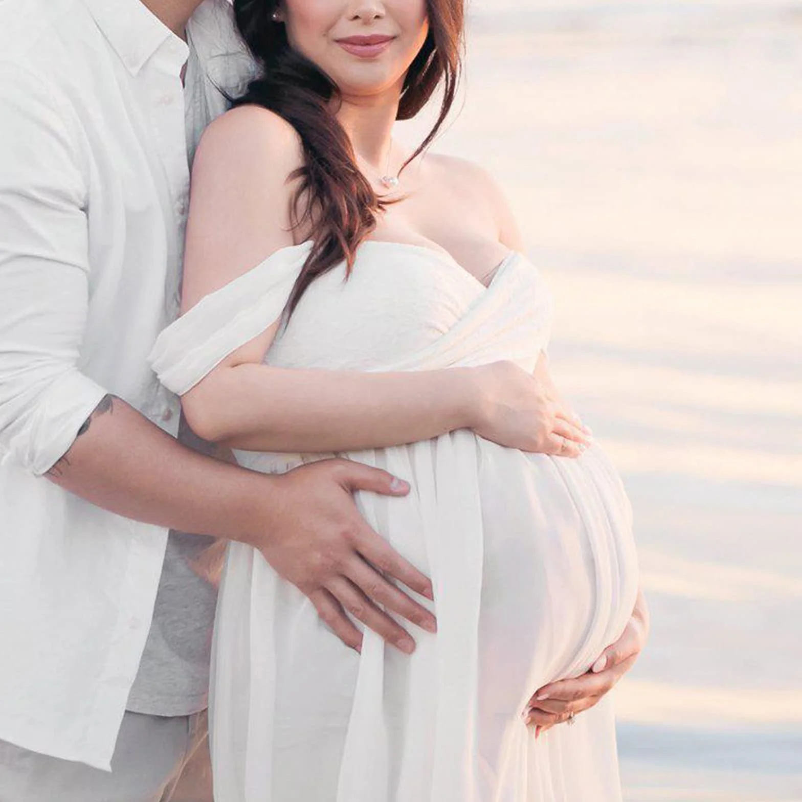 Robe Grossesse Photographie Dentelle Epaule Dénudée Femme Enceinte Mousseline Soie Shooting Photo Cérémonie