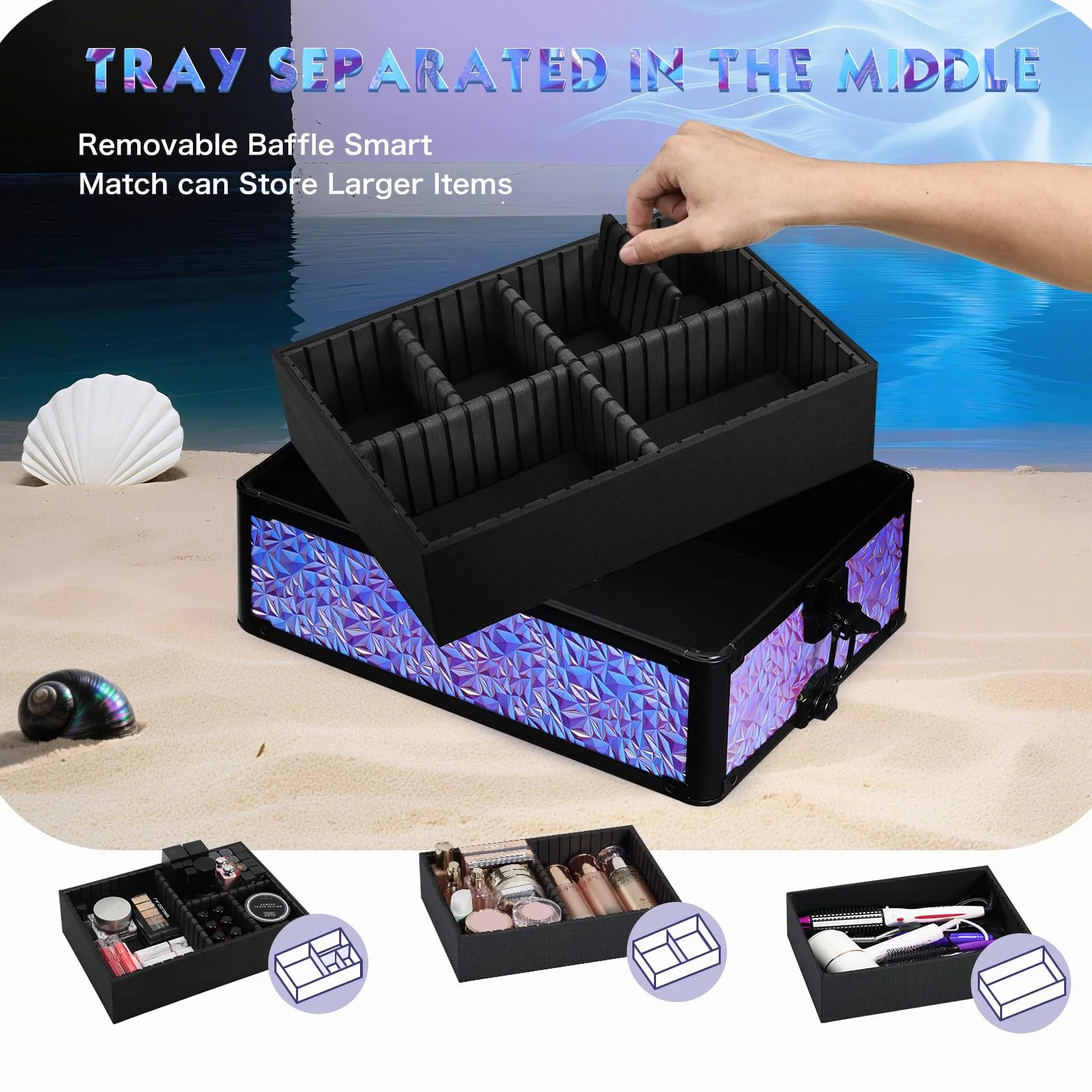Valise de Maquillage XXL 4-en-1 Cadre Aluminium Violet Dégradé, Mallette Cosmétique Verrouillable à roulettes 360°