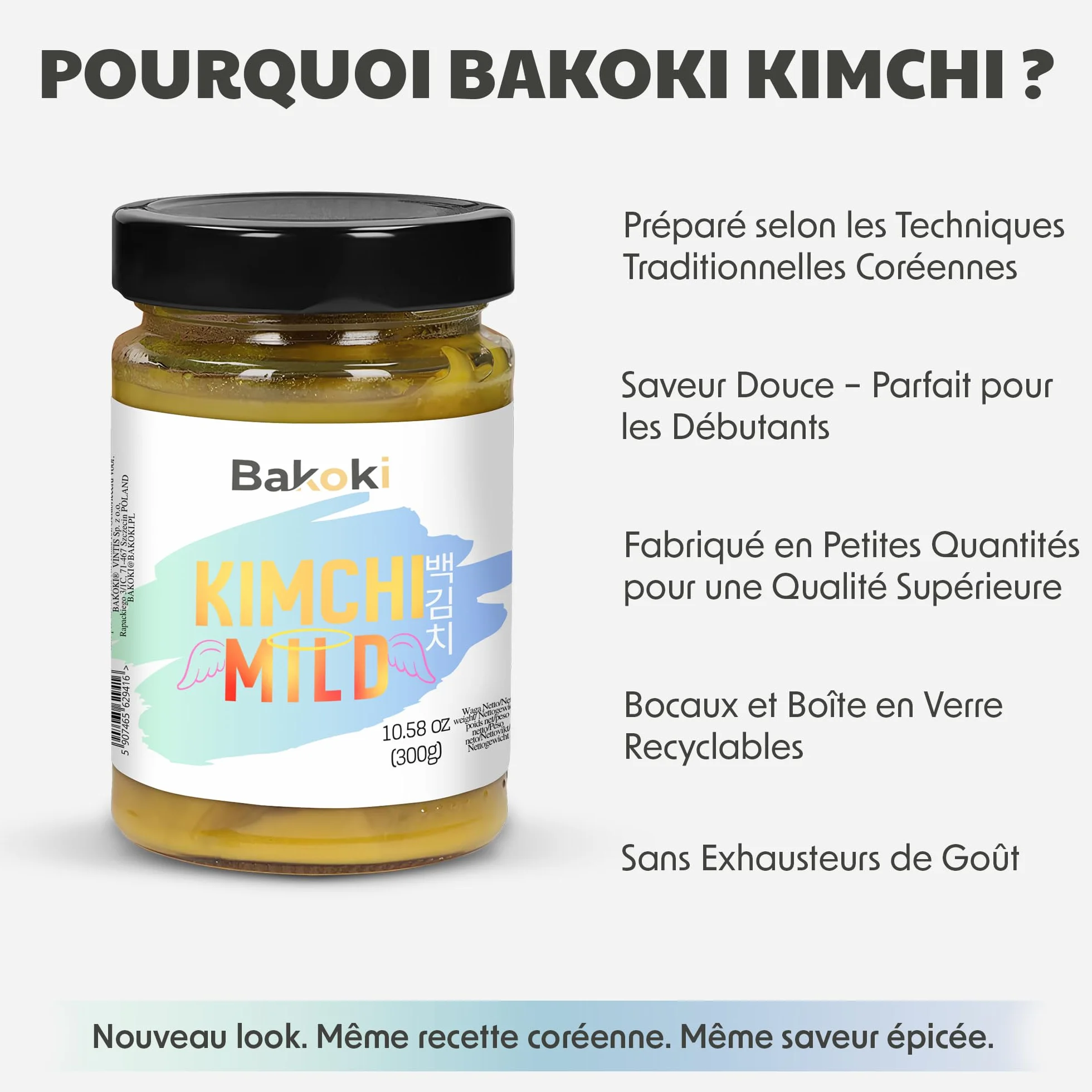 Bakoki 백김치 Baek‑Kimchi – Kimchi doux, sans piment, fermenté de manière traditionnelle au curcuma – 2 × 300 g (idéal pour le déjeuner, les bowls et les accompagnements)