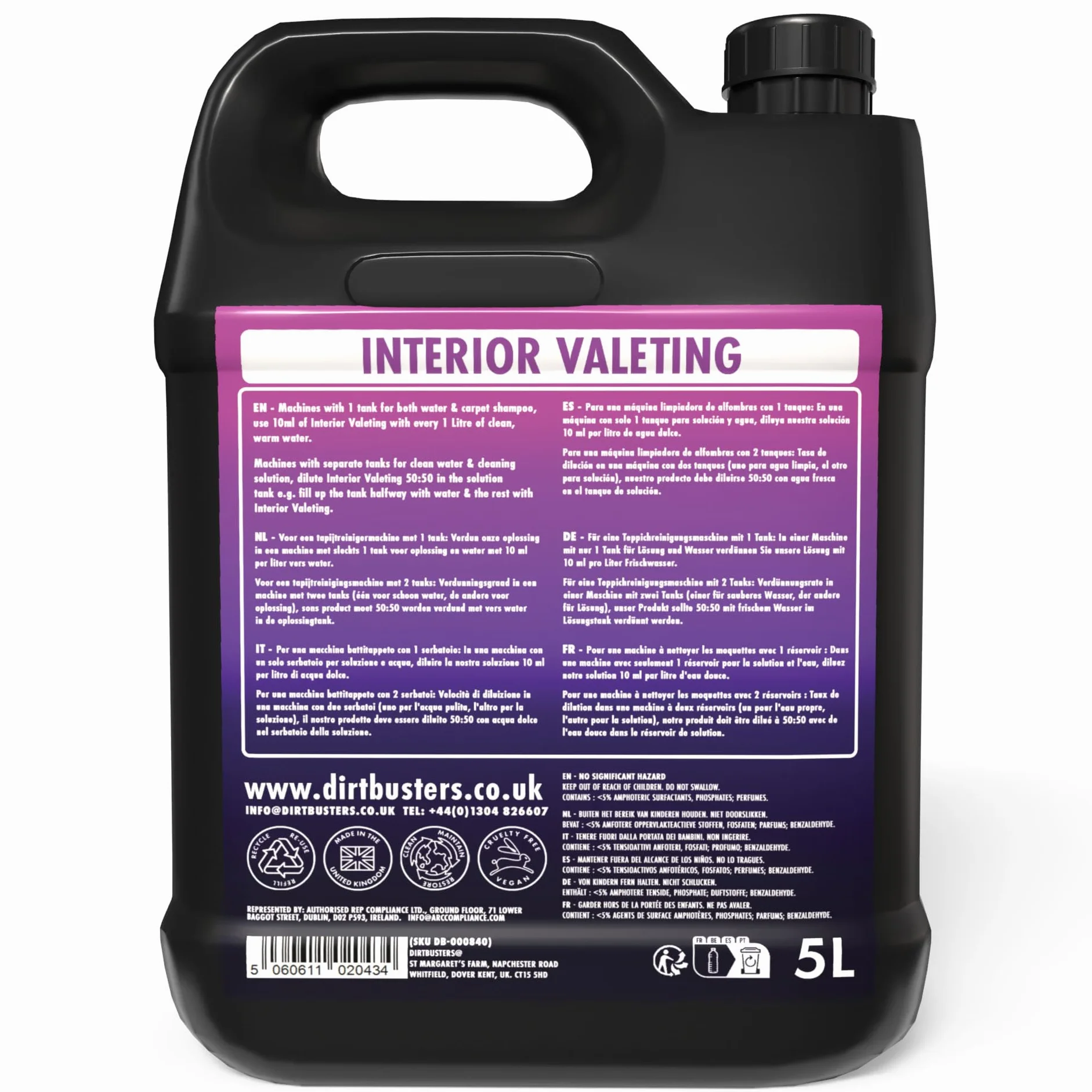 Dirtbusters Solution shampooing nettoyage tapis tissus voiture 5 litre | Habillage intérieur de voiture, Pour machines à tapis moquette
