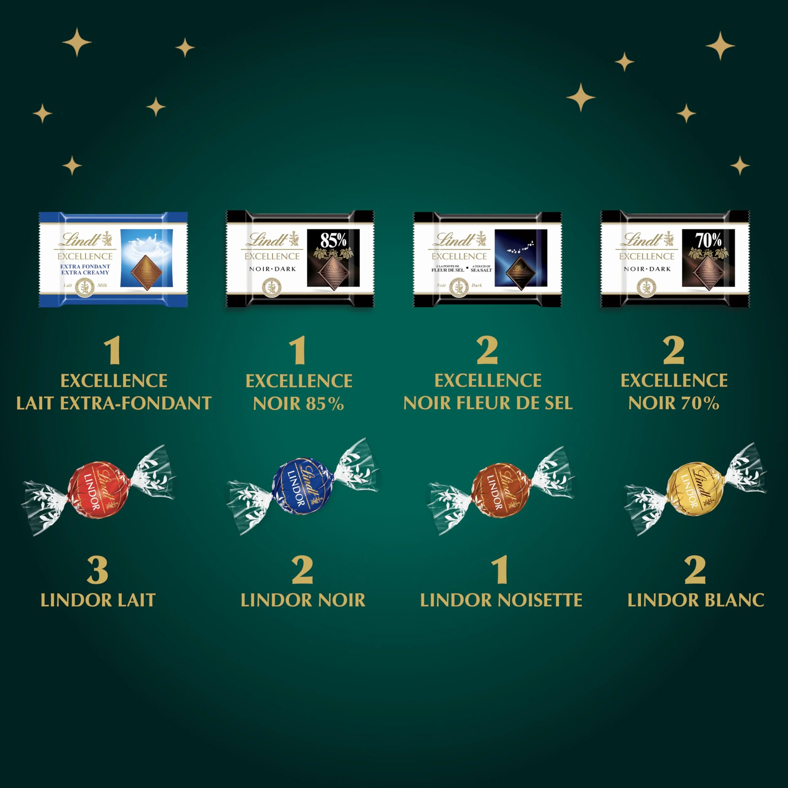 Lindt - Calendrier de l'Avent - Assortiment de Chocolats au Lait, Noirs et Blancs - Idéal pour Noël, 221g