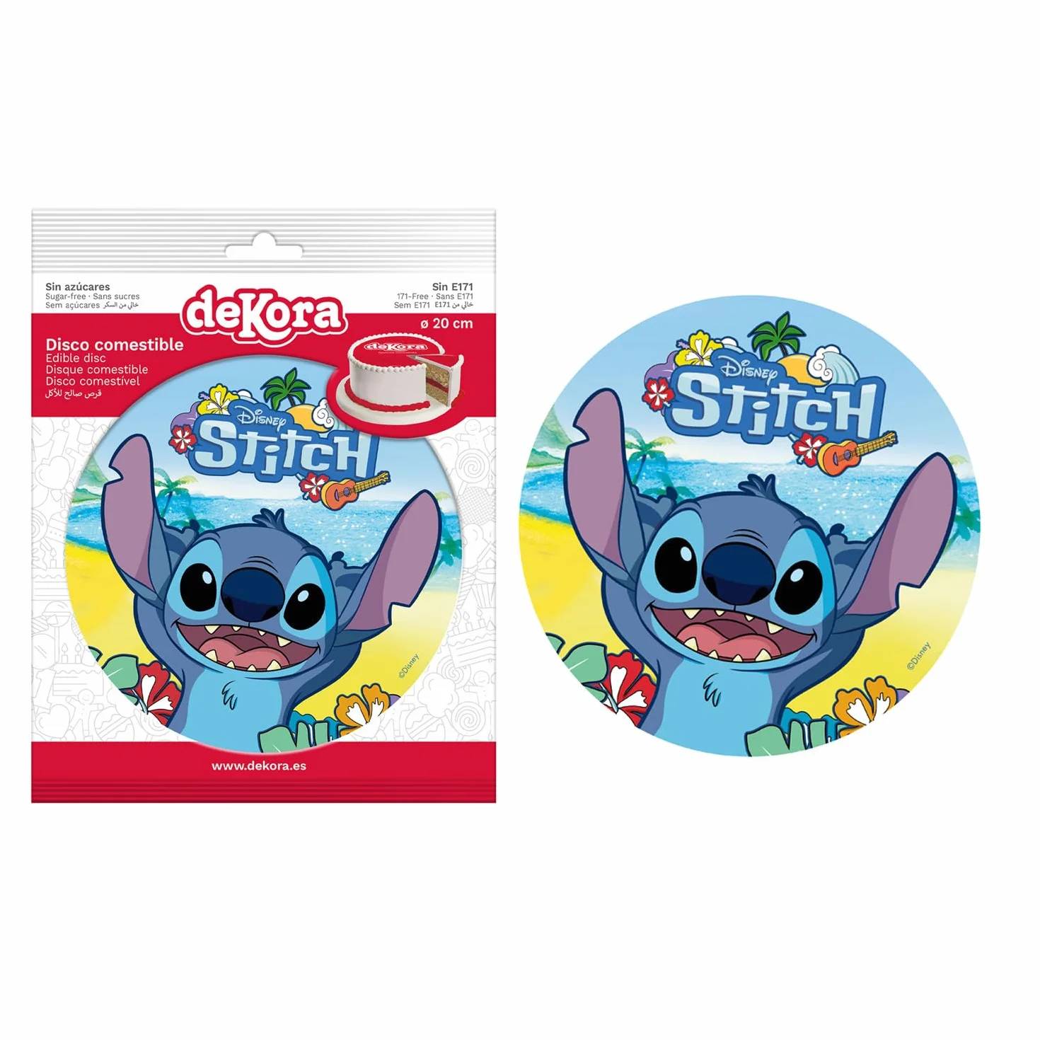 dekora - Décoration pour Gâteaux d’Anniversaire - Cake Topper Stitch 20 cm - Disque en Papier Comestible pour Gâteau - Sans Gluten, Sans Sucres Ajoutés, Sans Lactose - Convient aux Végétariens