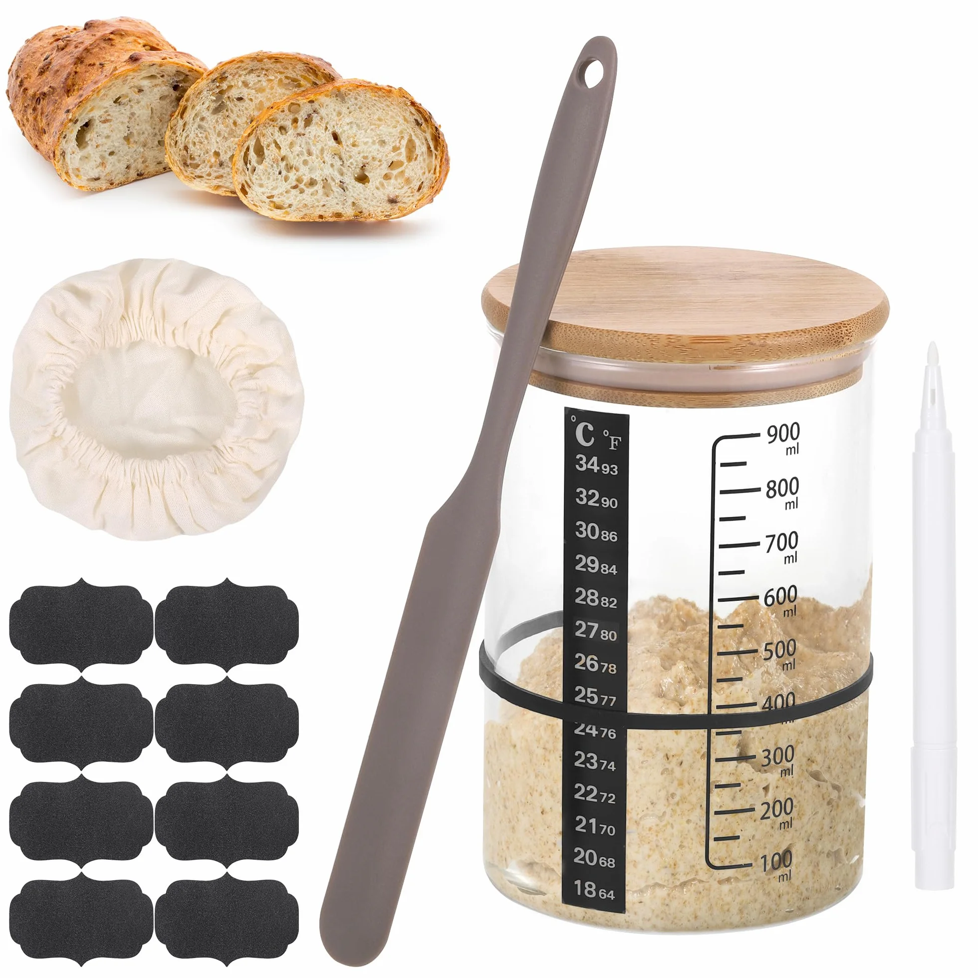 Kit Boulanger Levain, 900ml Bocal de Fermentation de Sourdough avec Couvercle, Papier Thermomètre, 8 Étiquettes, Stylo, Spatule en Silicone, Chapeau en Tissu, Ustensiles pour Faire du Pain