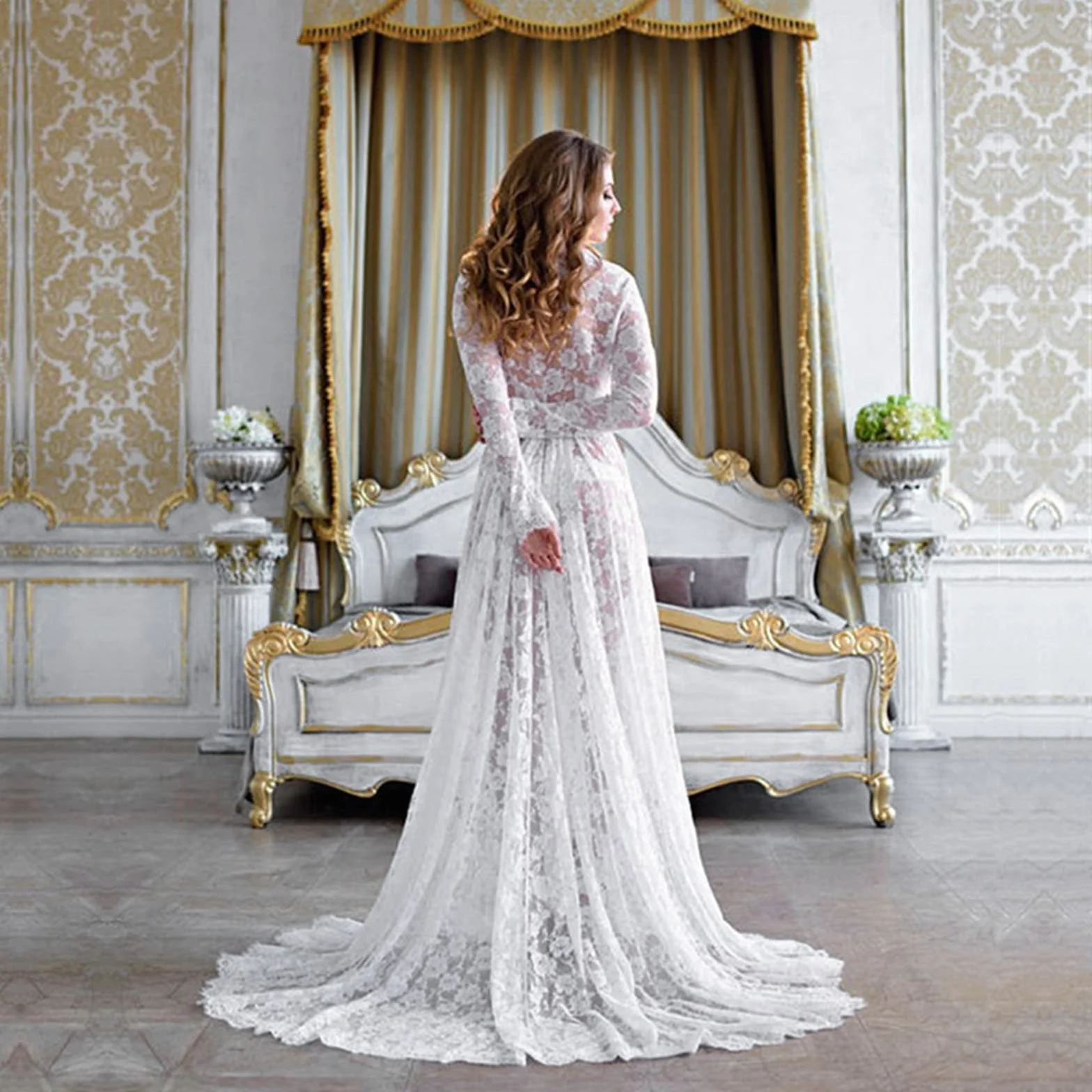 Robe Maternité Dentelle Col en V Manches Longues Shooting Photo Mariage Cérémonie Soirée Chic Femme Enceinte Grande Taille