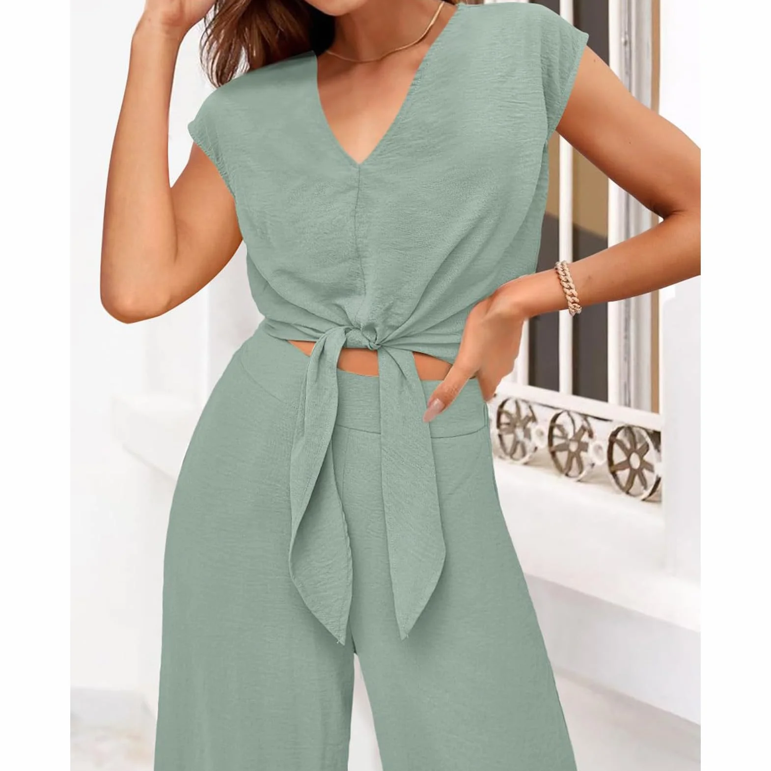 Amropi Ensemble Femme Loungewear Set Col en V Manches Courtes Pantalon Large