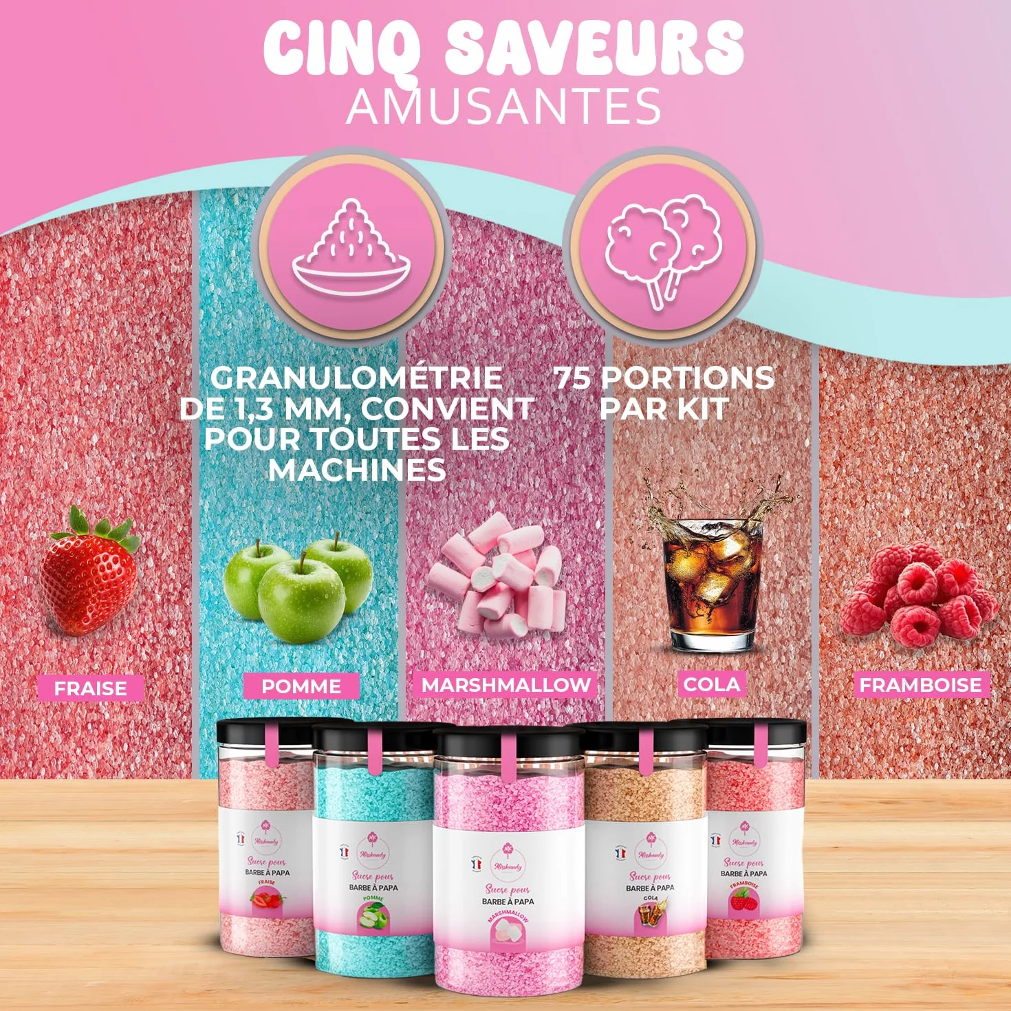 Misskandy® sucre barbe à papa pour machine- Lot de (5 * 300Gr) - (Arômes Naturels): Goûts: Fraise/Pomme/Marshmallow/Cola/Framboise/poudre barbapapa+ 50 bâtonnets (offerts)/ Fabriqué en France