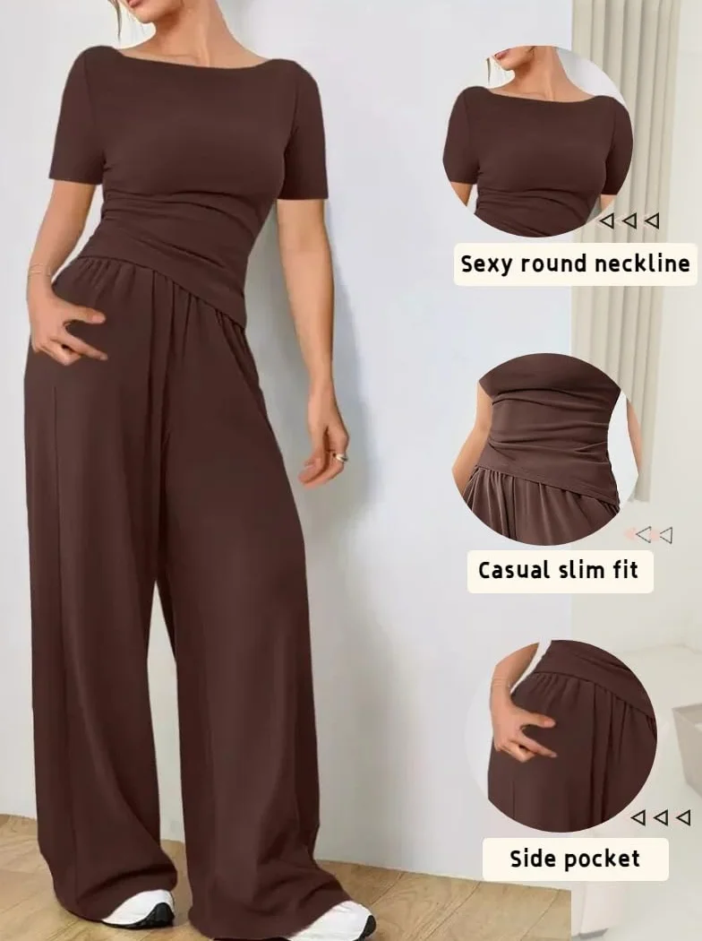 Ensemble Femme 2 Pièces Pantalon et Haut Fluide Manches Courtes avec Poches Loungewear Casual