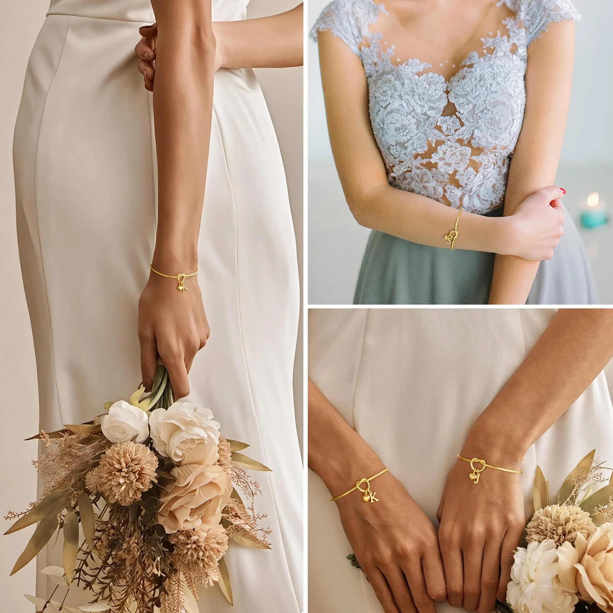 TINGN Bracelet avec initiale en or pour femme plaqué or 14 carats cœur personnalisé nœud d'amour
