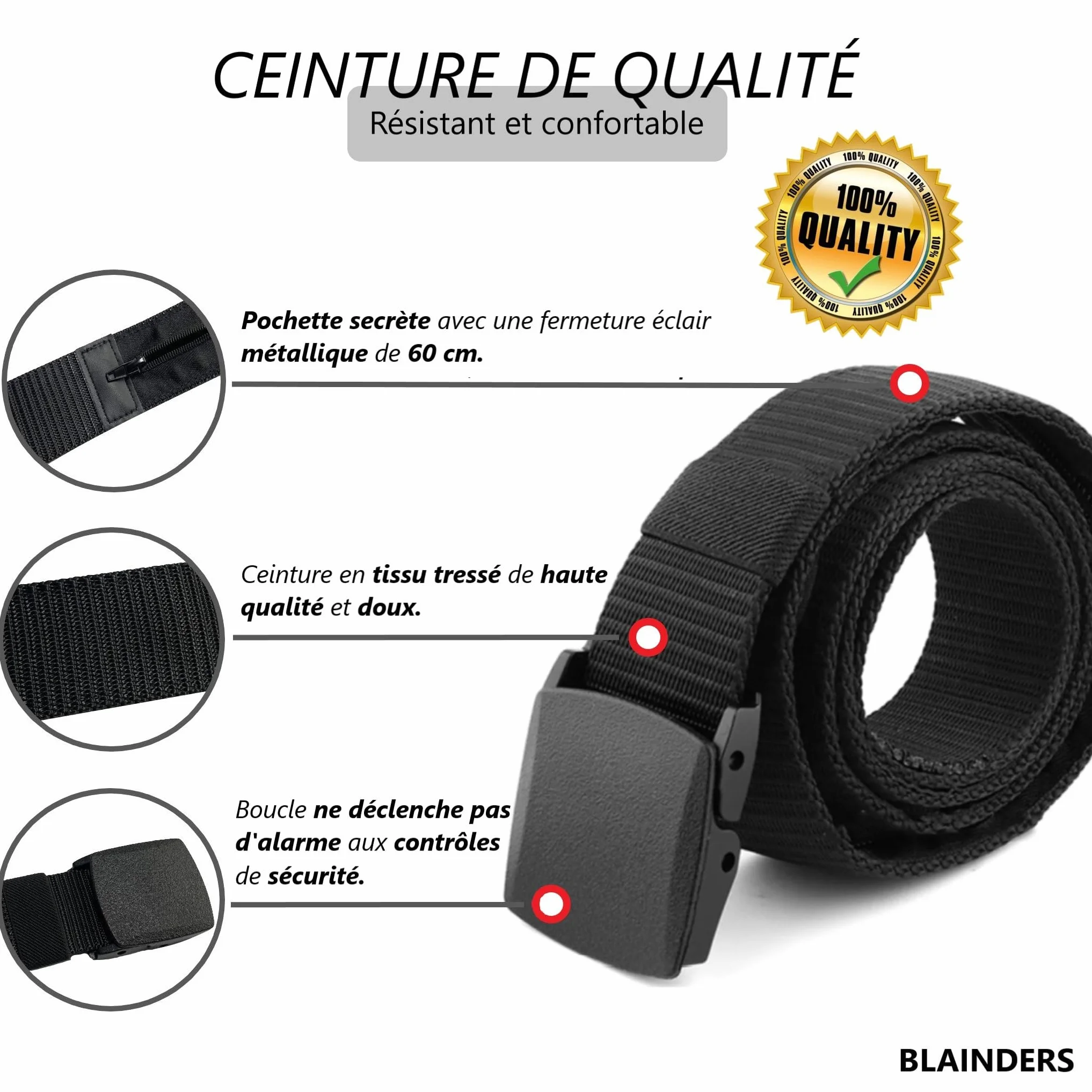 Ceinture de Voyage Porte-Monnaie Pochette Secrète Cache Billets Noir