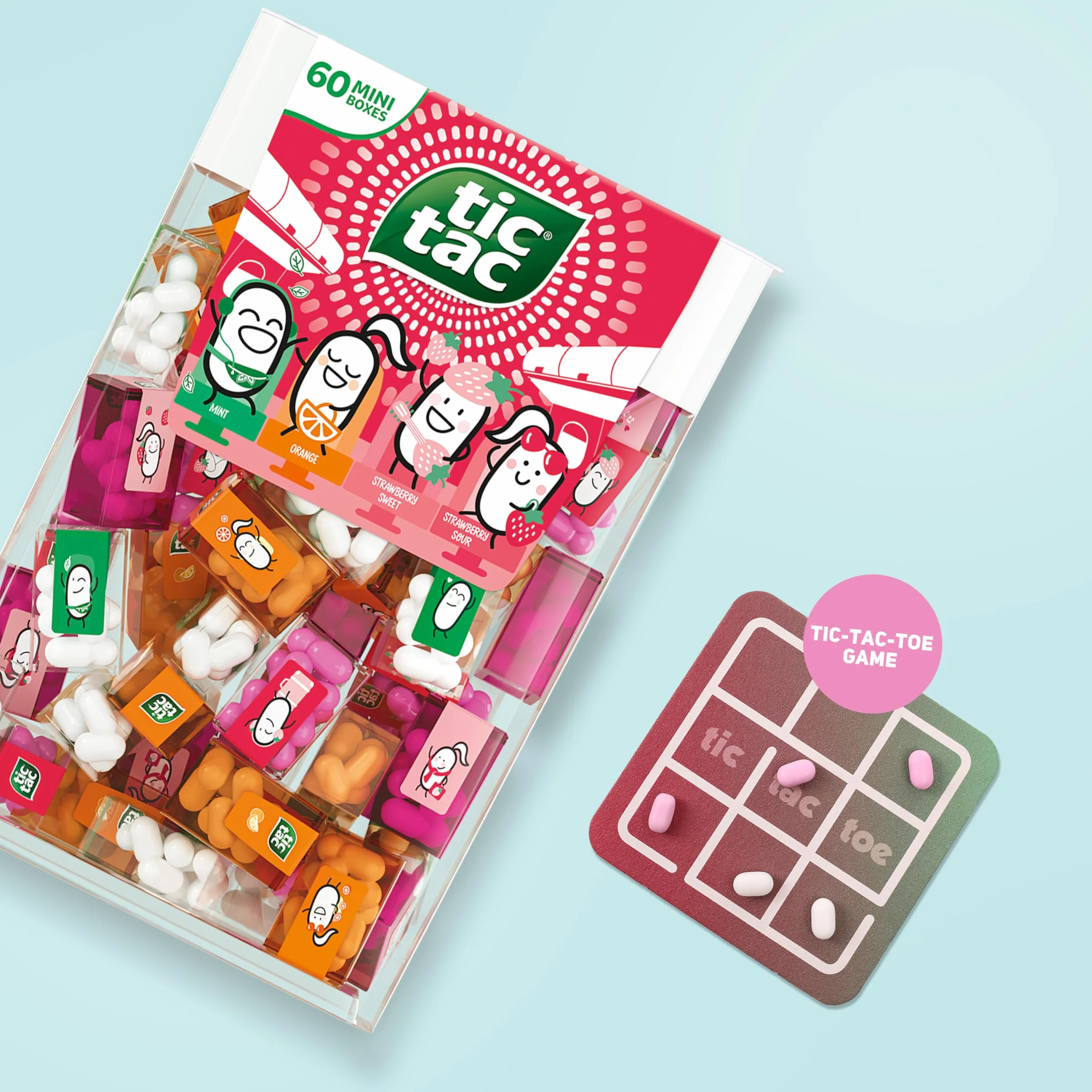TicTacToe Travels Set de voyage 60 mini-boîtes 3,8 g fraise menthe orange jeu TicTacToe bonbons