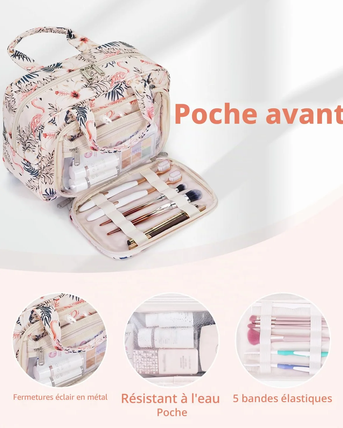Narwey Trousse de Toilette Grande Femme Sac de Voyage Maquillage Organisateur Flamant