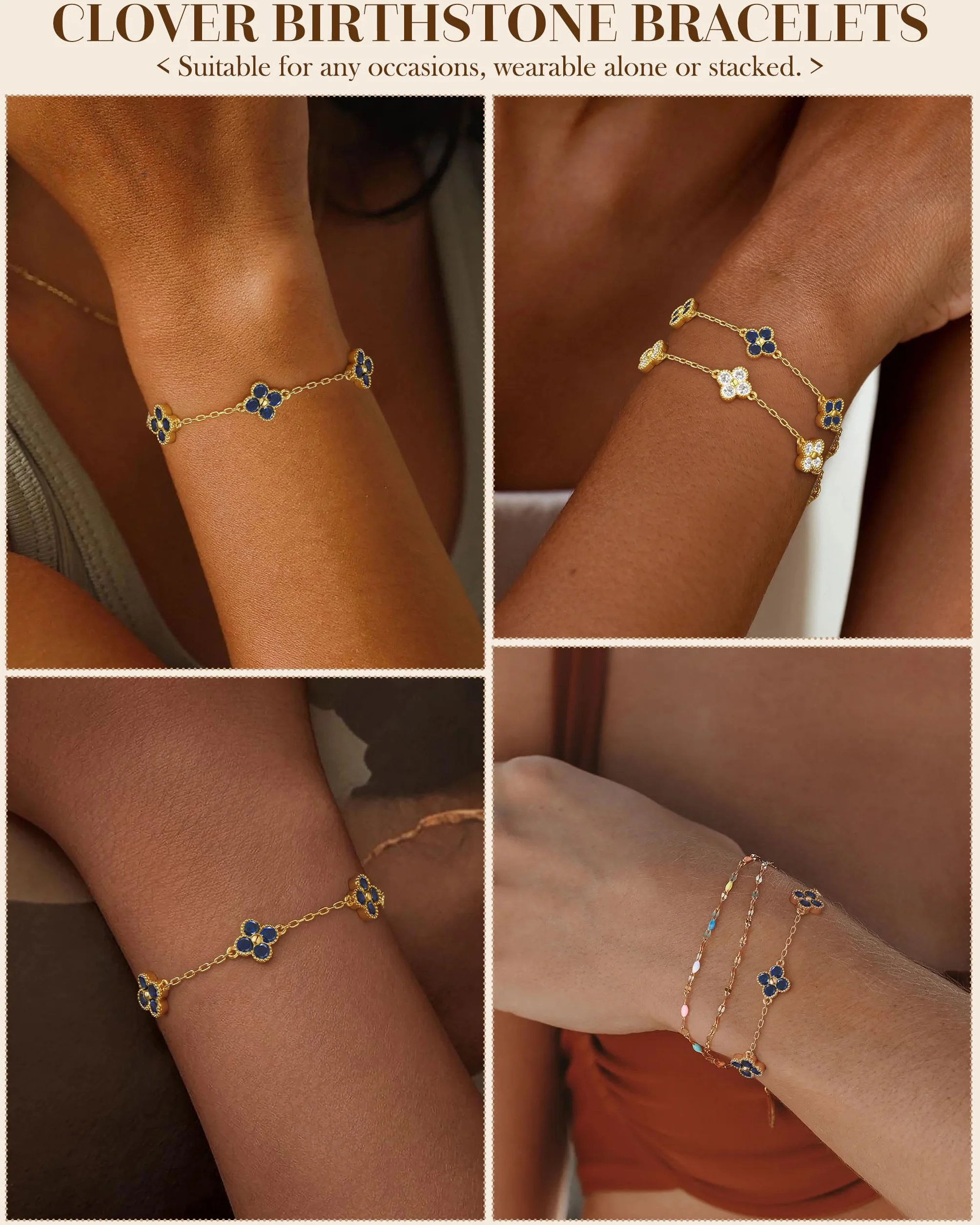Bracelet Femme Or Trefle 4 Feuilles Pierre de Naissance Reglable Plaqué Or 18 Carats Zircon Saphir Marine Chaîne Amitié