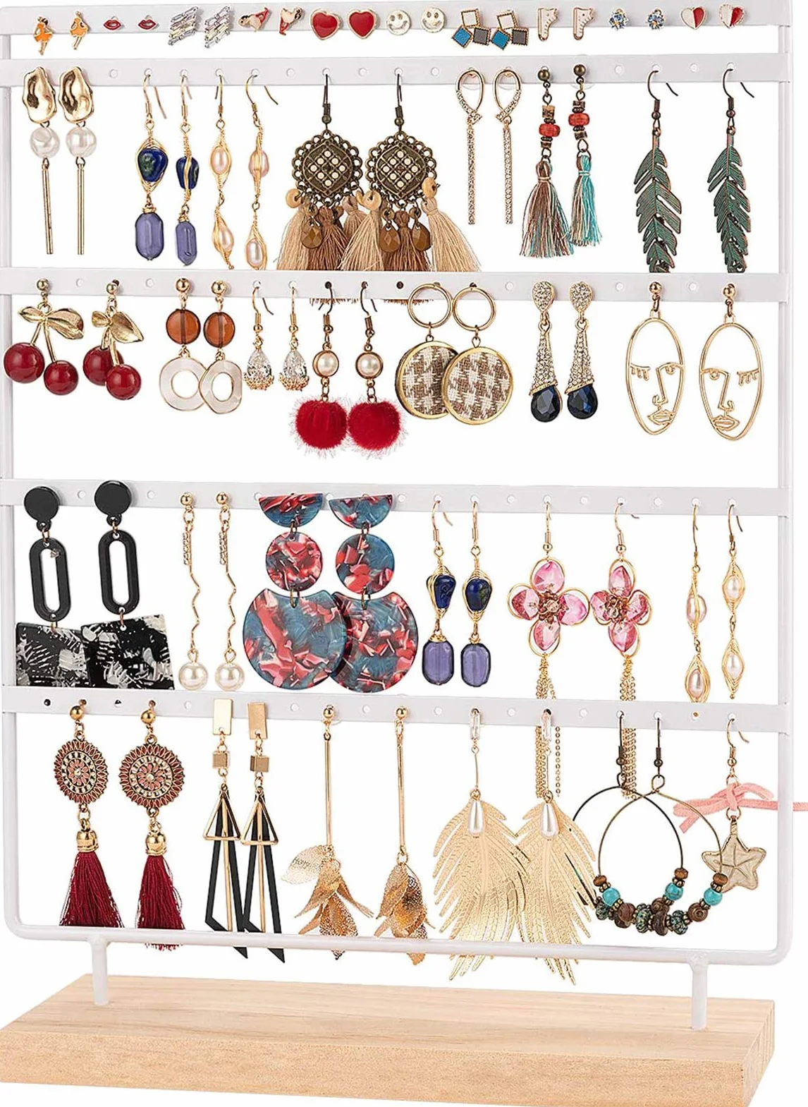 Porte-bijoux 100 trous organisateur boucles d'oreilles métal 5 niveaux base bois 35 x 27 cm blanc