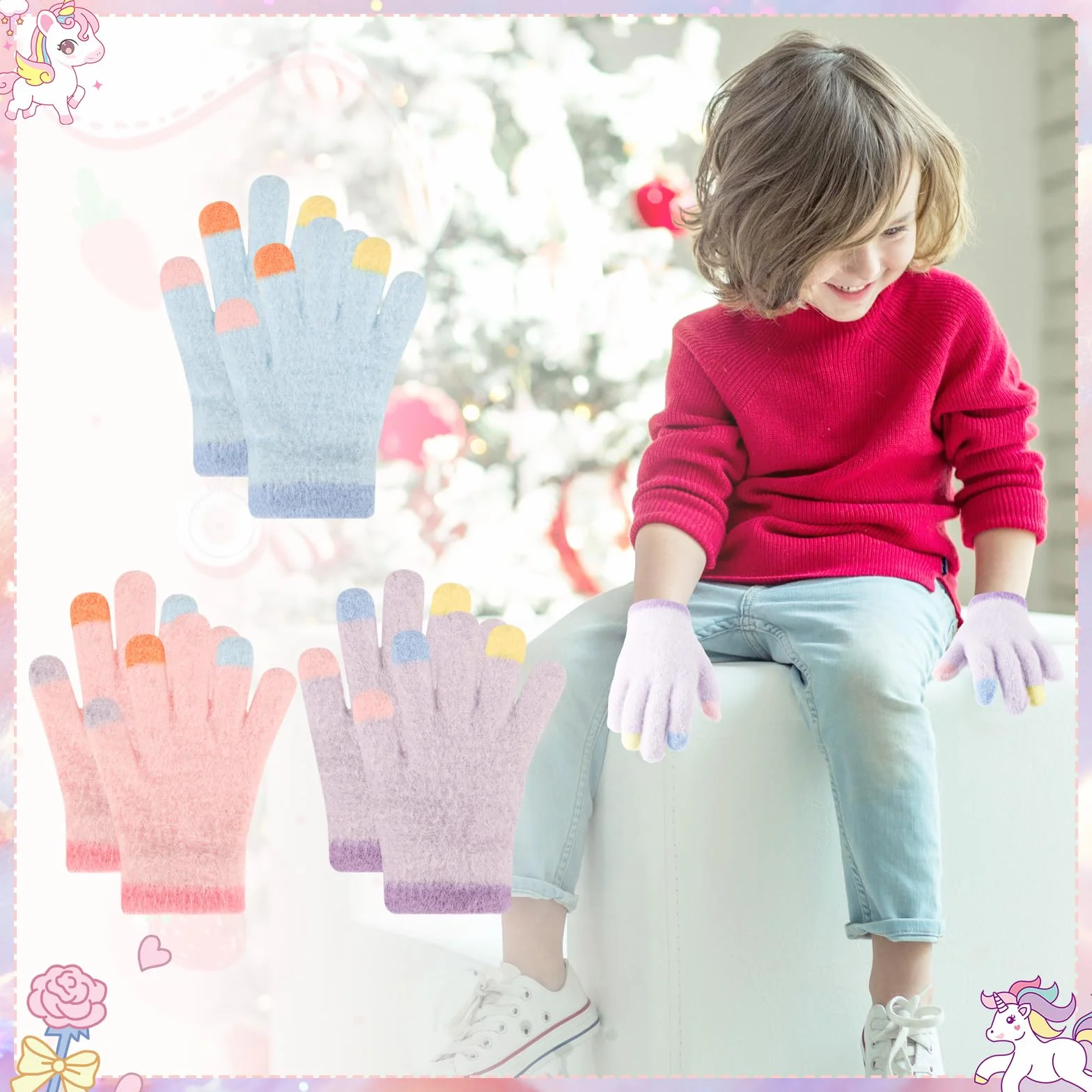 QKURT Lot de 3 paires gants d'hiver chauds enfants mitaines tricot extensible 4-10 ans