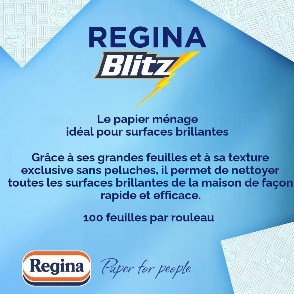 Regina Blitz Lot de 5 rouleaux de papier de cuisine 100 feuilles maxi à 3 couches Idéal pour nettoyer les surfaces domestiques Sans peluches Emballage en papier recyclable