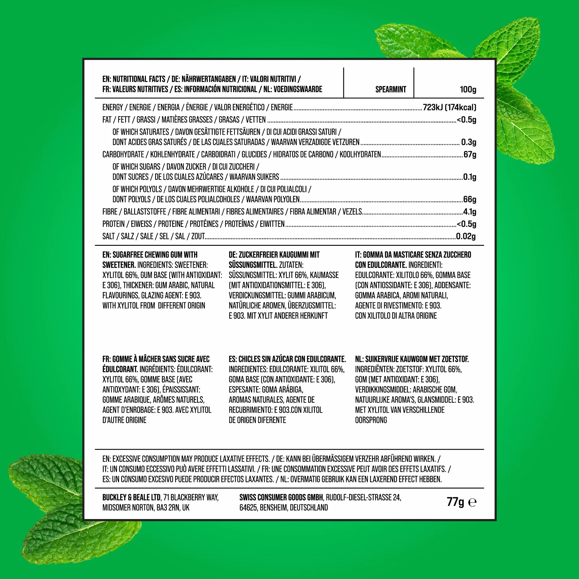 PUR Gum Sans Sucre Au Xylitol Végétalien Sans Aspartame Sans Gluten Goût Spearmint 55 Pièces