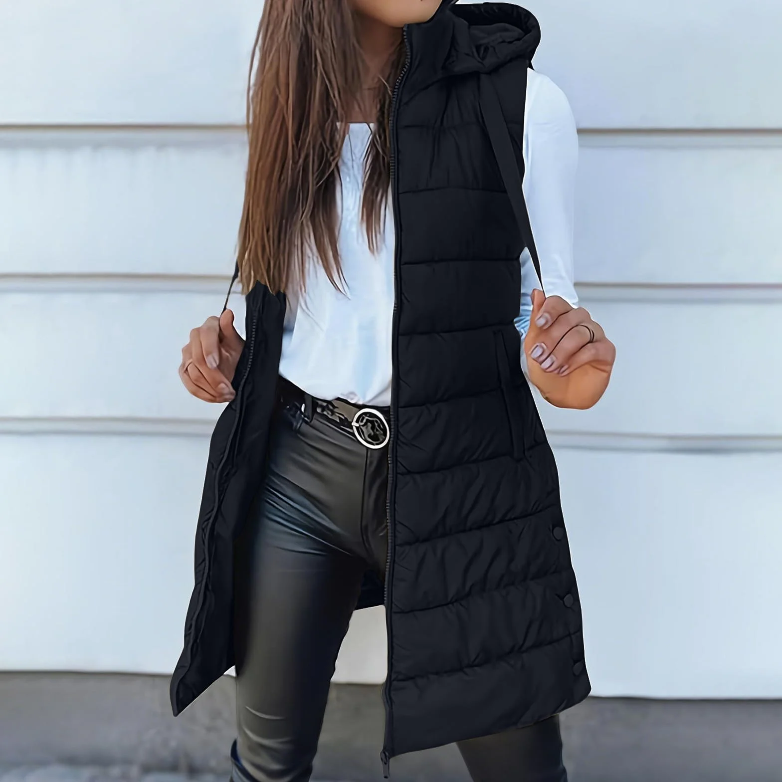 Femme Doudoune Sans Manches Avec Capuche Longue Gilet Chaud Légère Veste Hiver Poches