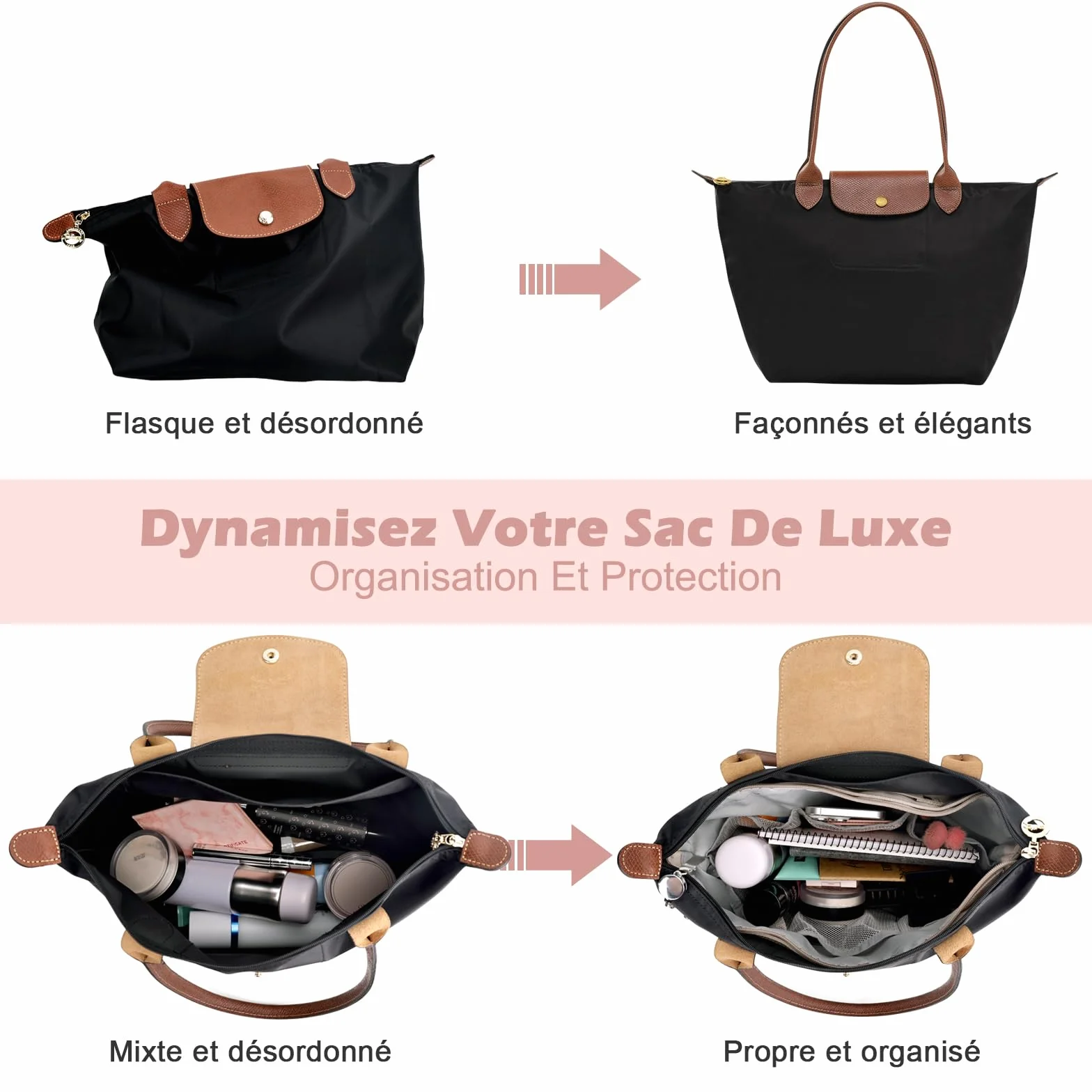 GADITIEK Organisateur Sac à Main Polyester avec Fermeture Multi Poches pour Longchamp Sac Pliage Femmes Beige L