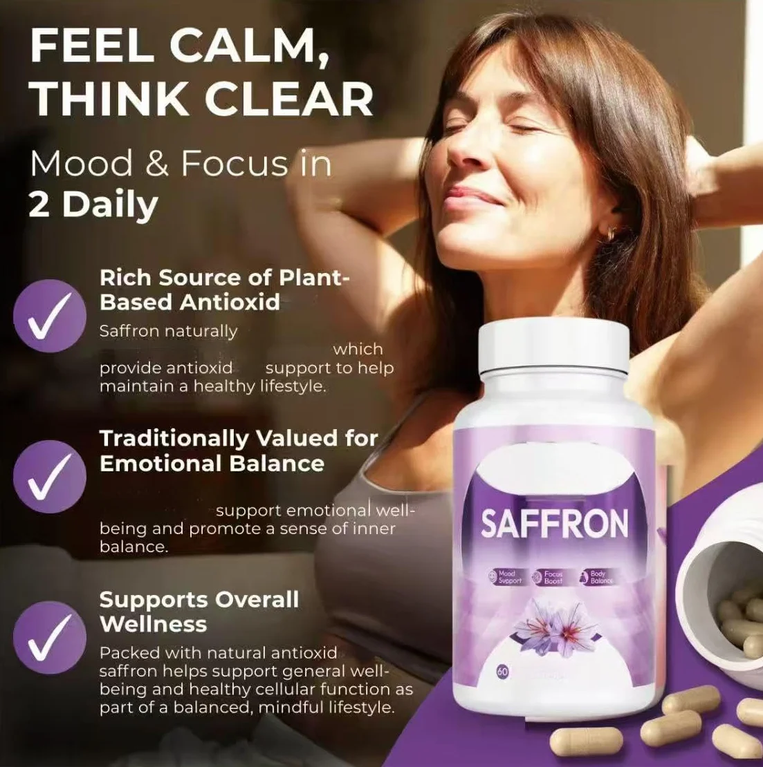 Extrait de safran, Aide à soulager l'humeur et le stress | à favoriser la concentration et la performance et à équilibrer le soutien