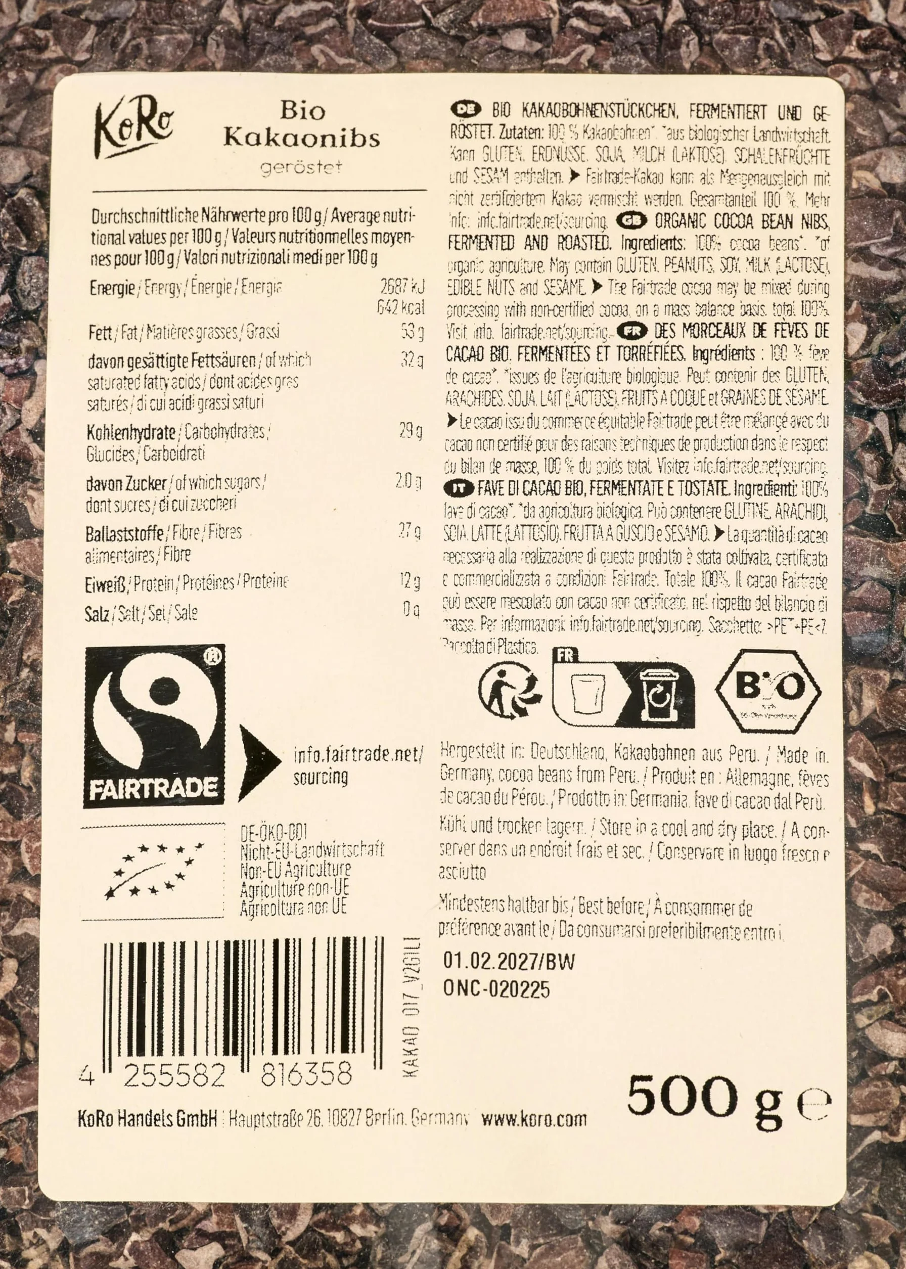 KoRo - Grués de cacao Fairtrade bio 500 g - Fèves décortiquées et torréfiées - Goût chocolaté - Riche en fibres