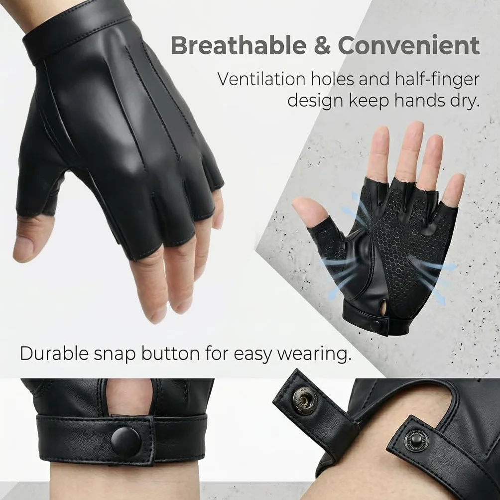 Gants Demi-Doigts en Cuir PU Noir Homme Femme Mitaines Sport Respirantes Conduite Cyclisme Entrainement Paume Antiderapante Taille M