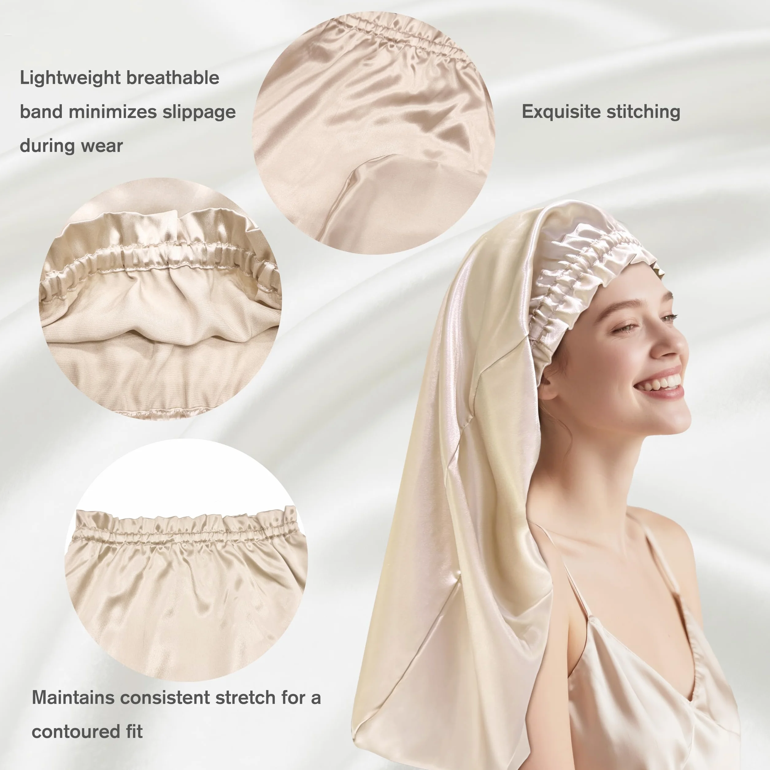 Bonnet de nuit en soie 100% mûrier 22 momme pour femme, Taupe 58cm