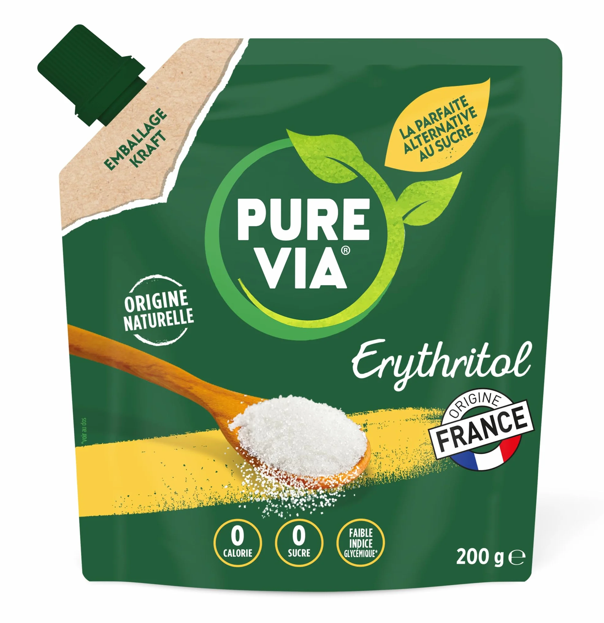 PURE VIA - Doypack Origines - Erythritol 100% d'origine naturelle en Poudre- Zéro Calorie - Bio - 200g