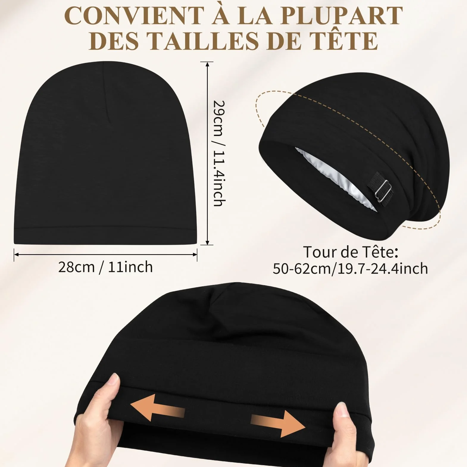 Bonnet Satin Cheveux Nuit Unisexe Slouchy Beanie Doublure Satin Dormir Soin Capillaire Soie Tricoté Doublé Soie