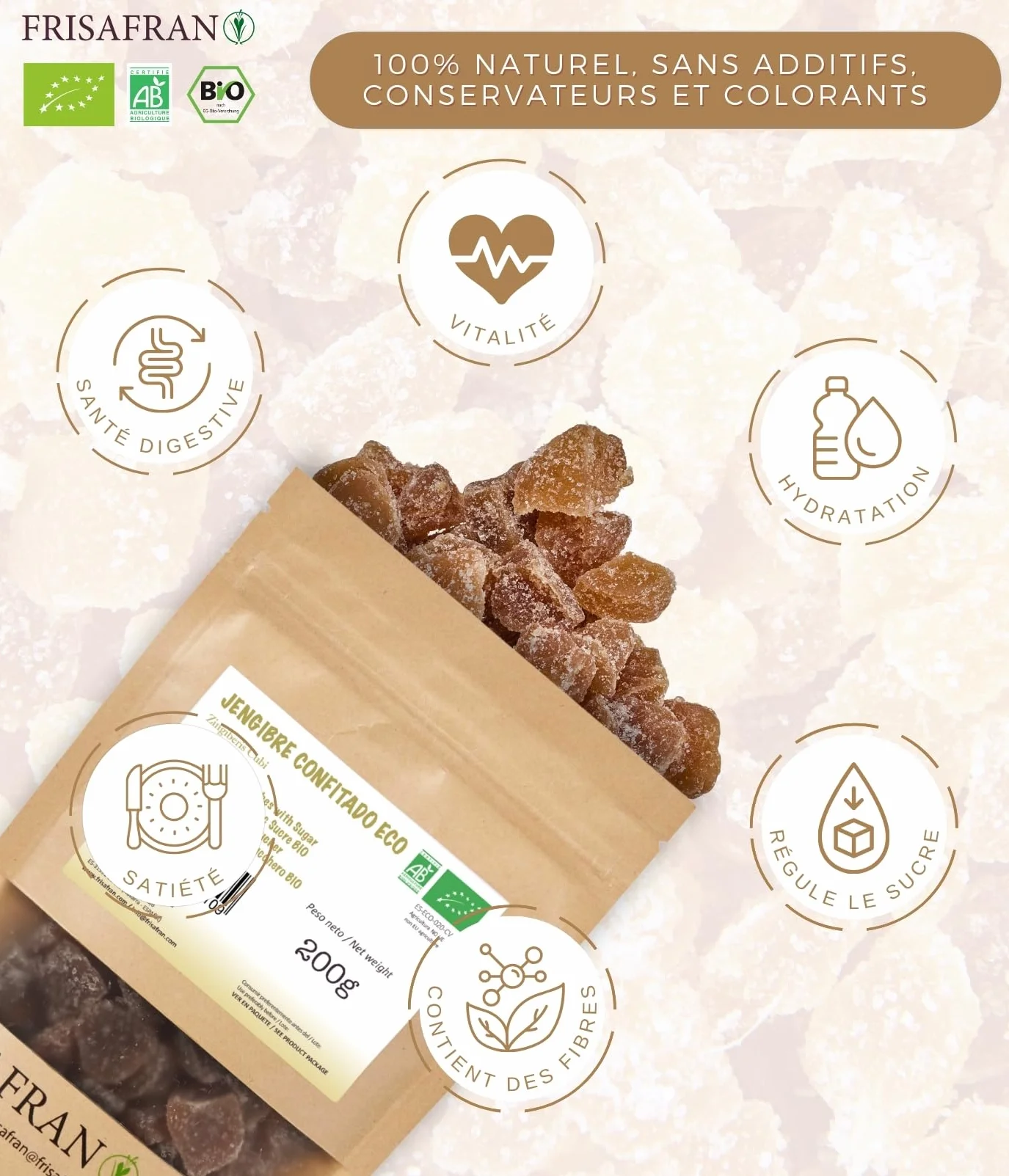 FRISAFRAN | Dés de Gingembre au Fructose Bio 200g | Tranches de gingembre glacées | Bonbons au gingembre coupés en dés | Gingembre confit | Superaliment naturel sans additifs | Naturel-Bio