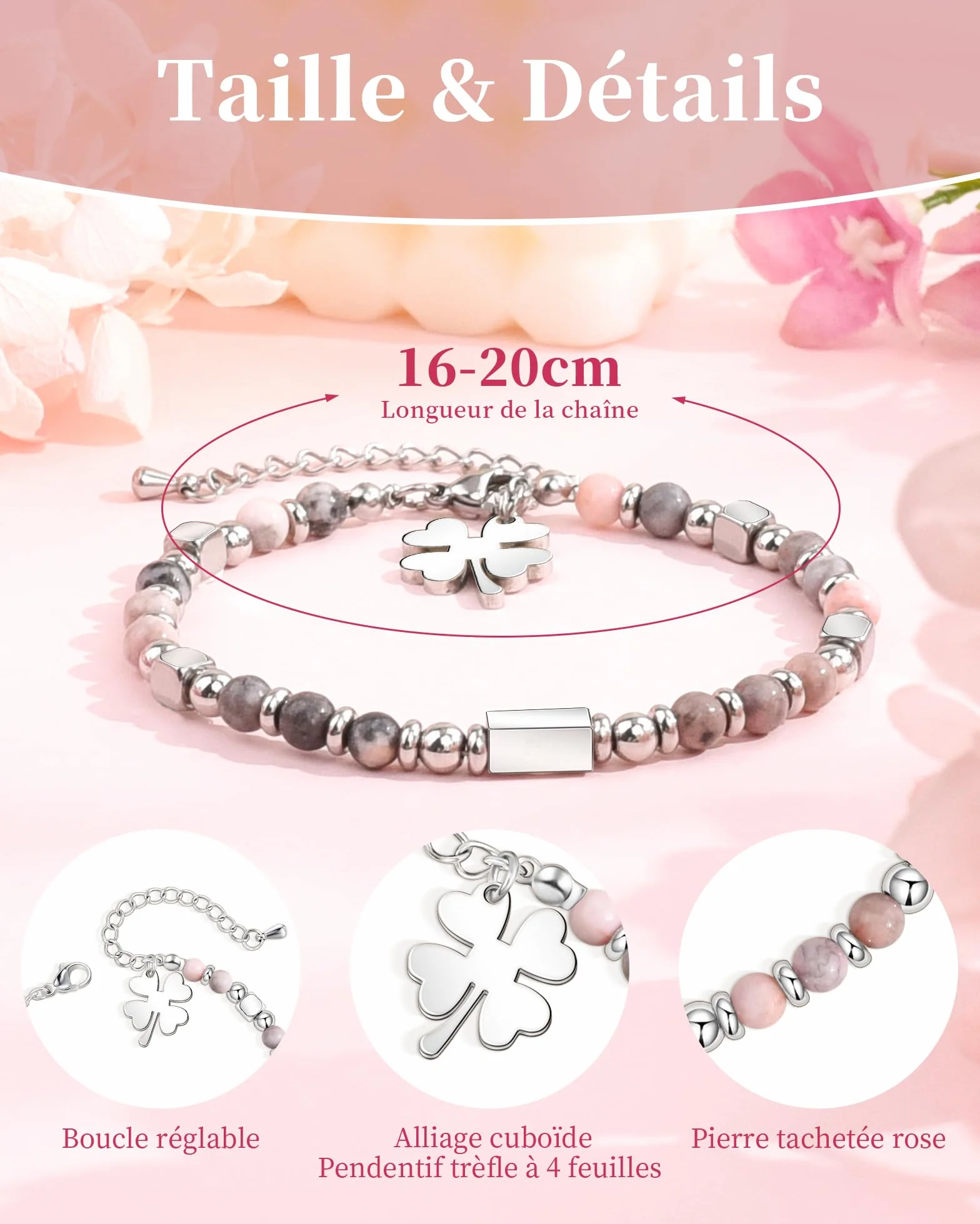Seyaa Bracelet Pierre Naturelle Cœur Croix Trèfle 4 Feuilles Personnalisé Cadeau Anniversaire Fille