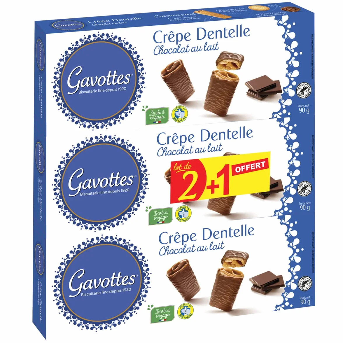 Lot de 6 unités *** GAVOTTES crepes dentelle chocolait 2x90g + 90g offert*** soit un format carton de 6 unités ***