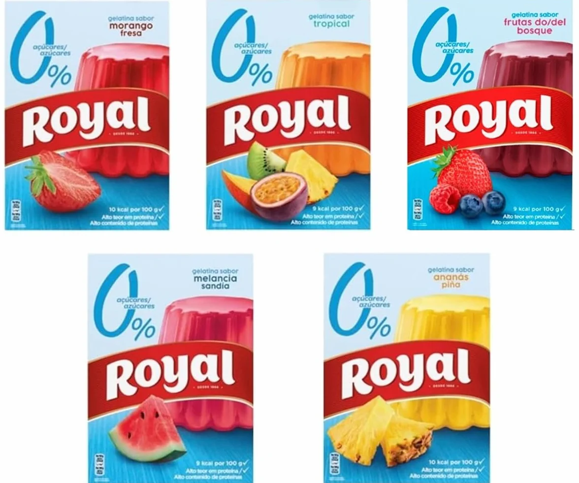 Royal Mix - Gélatine en poudre avec un mélange de saveurs | Fraise | Tropical | Fruits des bois | Pastèque | Ananas - 0% sucres ajoutés | 5 sachets de 31g.