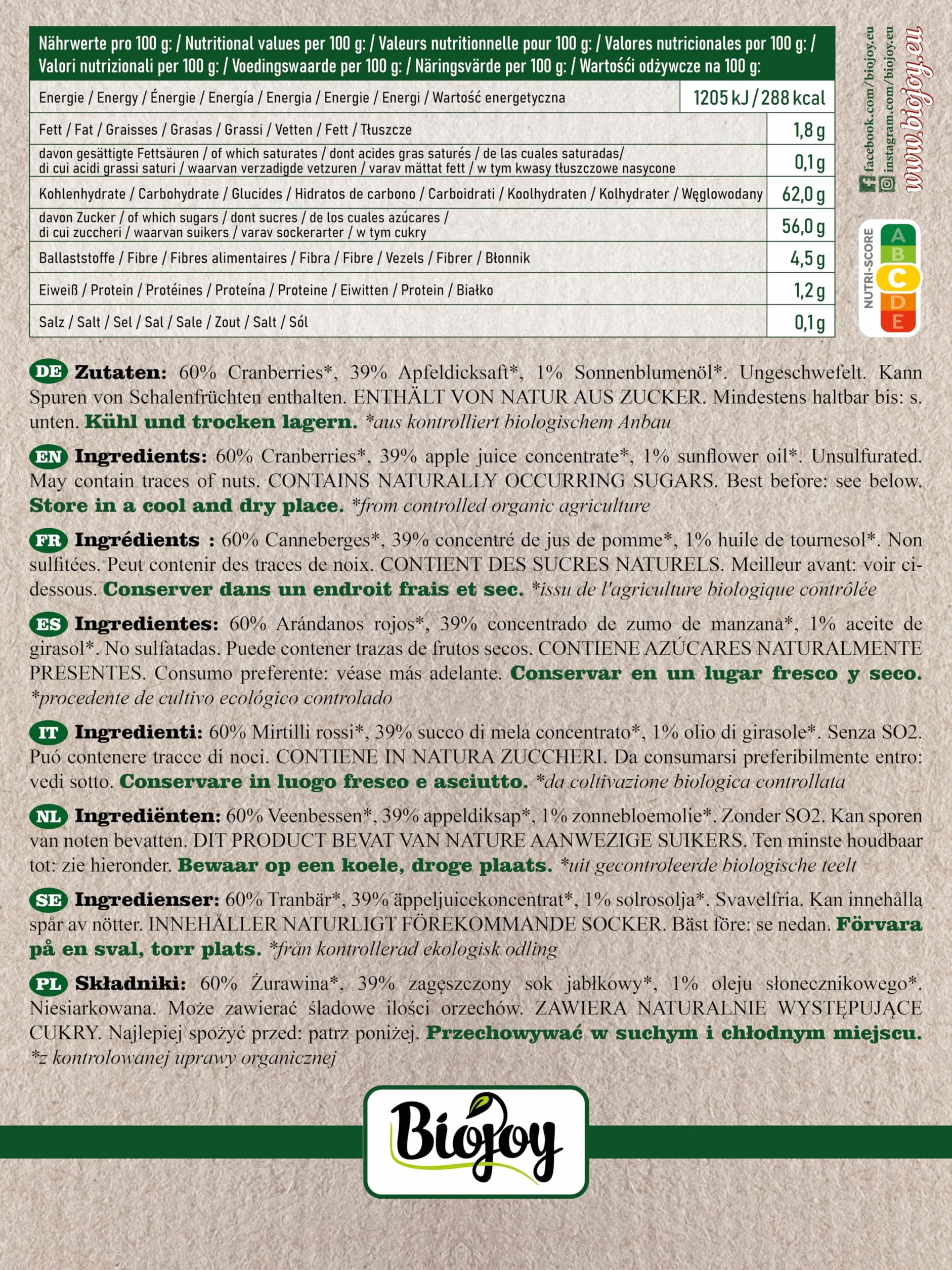 Biojoy Cranberry séchée BIO (1 kg), Cranberries sucrées au Concentré de Jus de Pomme