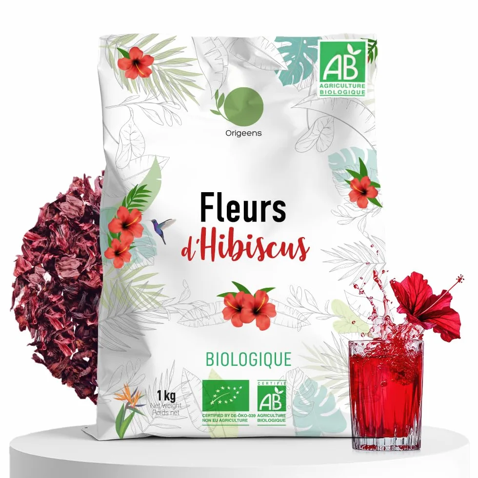 ORIGEENS HIBISCUS BIO 1kg Grade Supérieur | Fleur Hibiscus pour Bissap, Karkadé, Thé glacé, Infusion et Tisane | Infusion Detox Drainante | Fleurs d'Hibiscus Séchées Bio