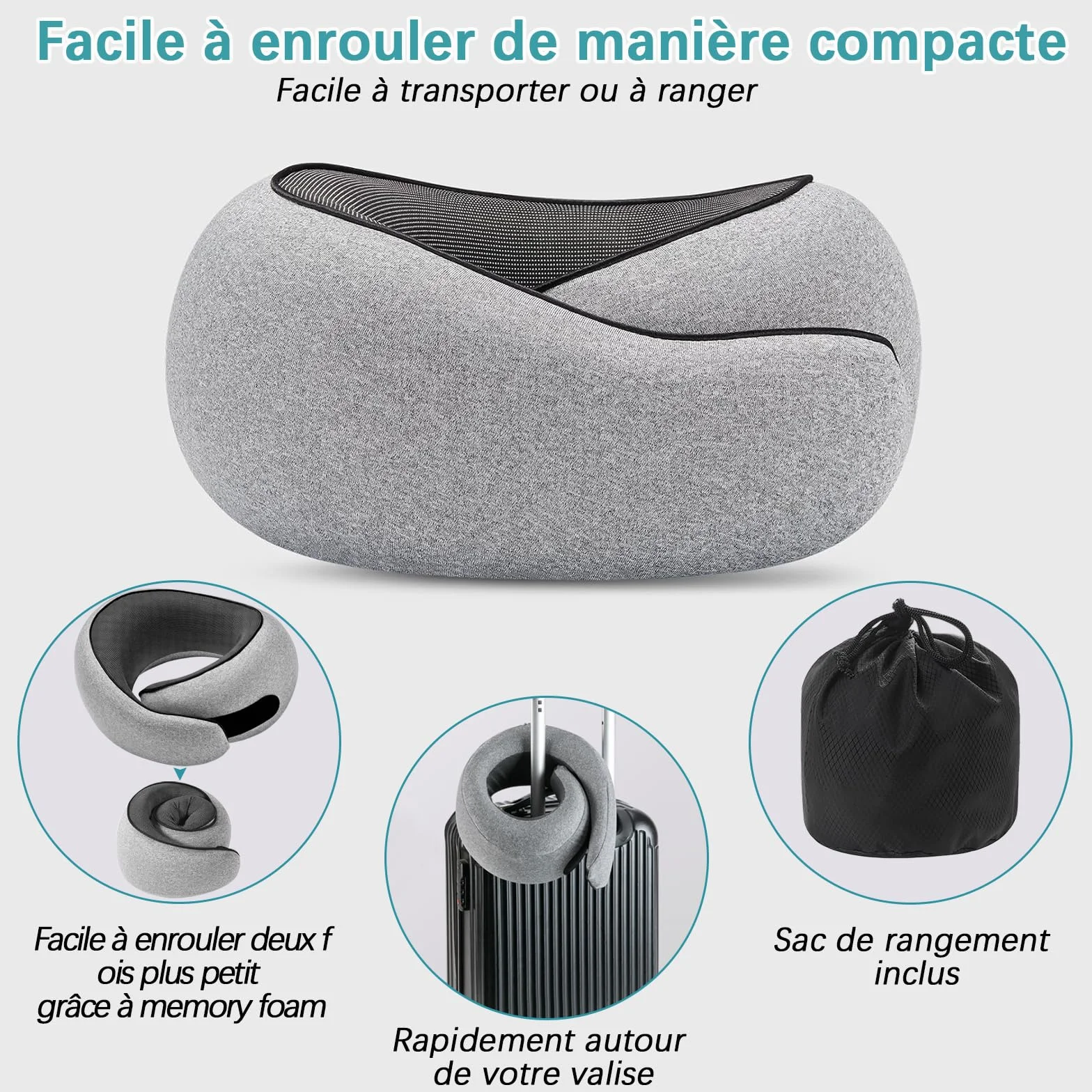 Coussin Cervical Ergonomique Oreiller de Voyage en Mousse à Mémoire Housse Amovible Lavable Avec Masque Bouchons d'oreilles