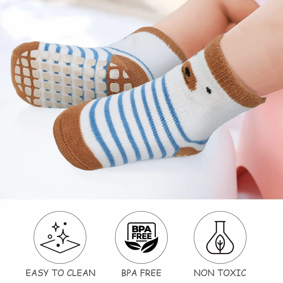Vicloon Chaussettes Antidérapantes Bébé Coton 100% Fond Silicone 5 Paires Multicolore