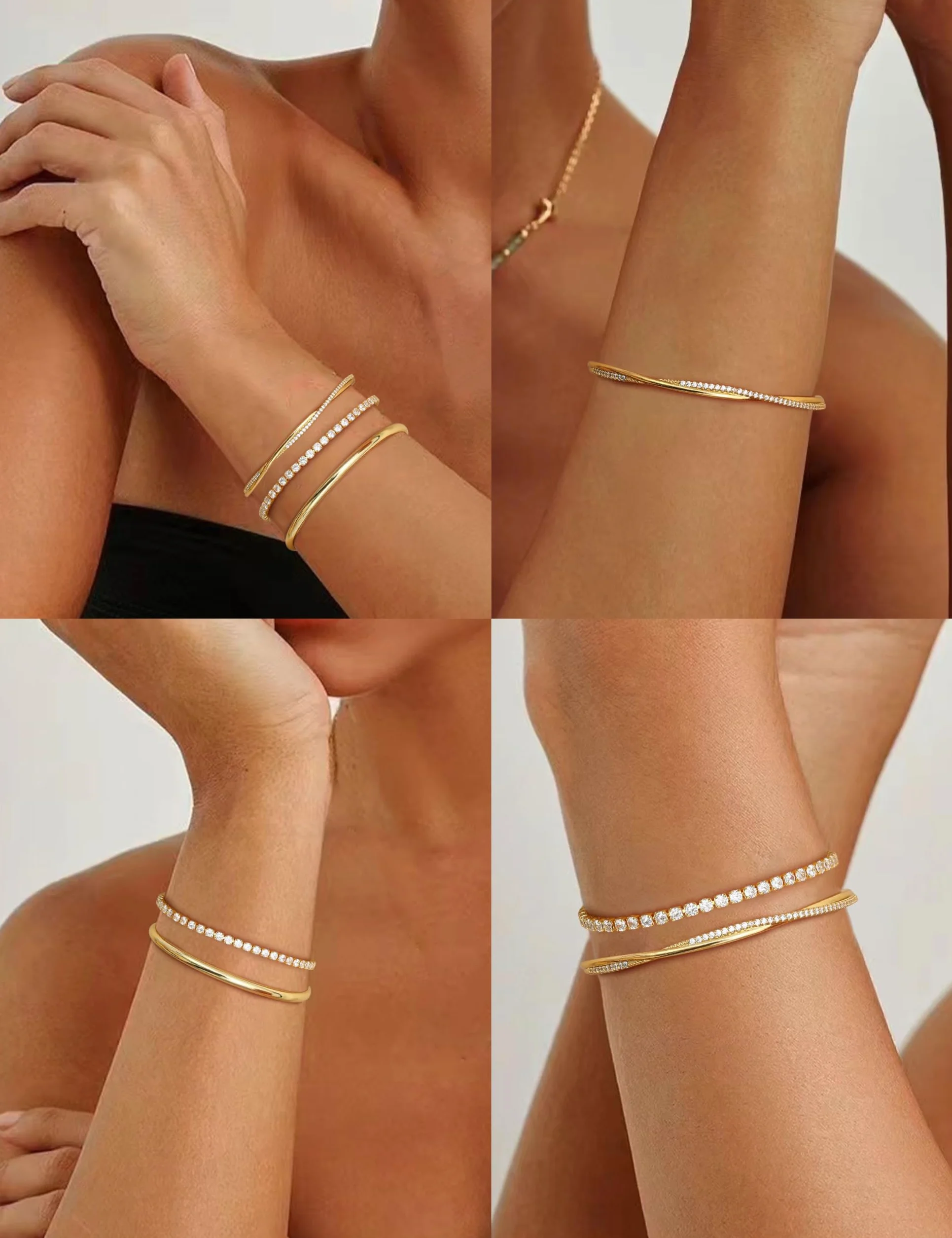 Bracelet Jonc Femme Acier Inoxydable Plaqué Or 14 Carats Argent