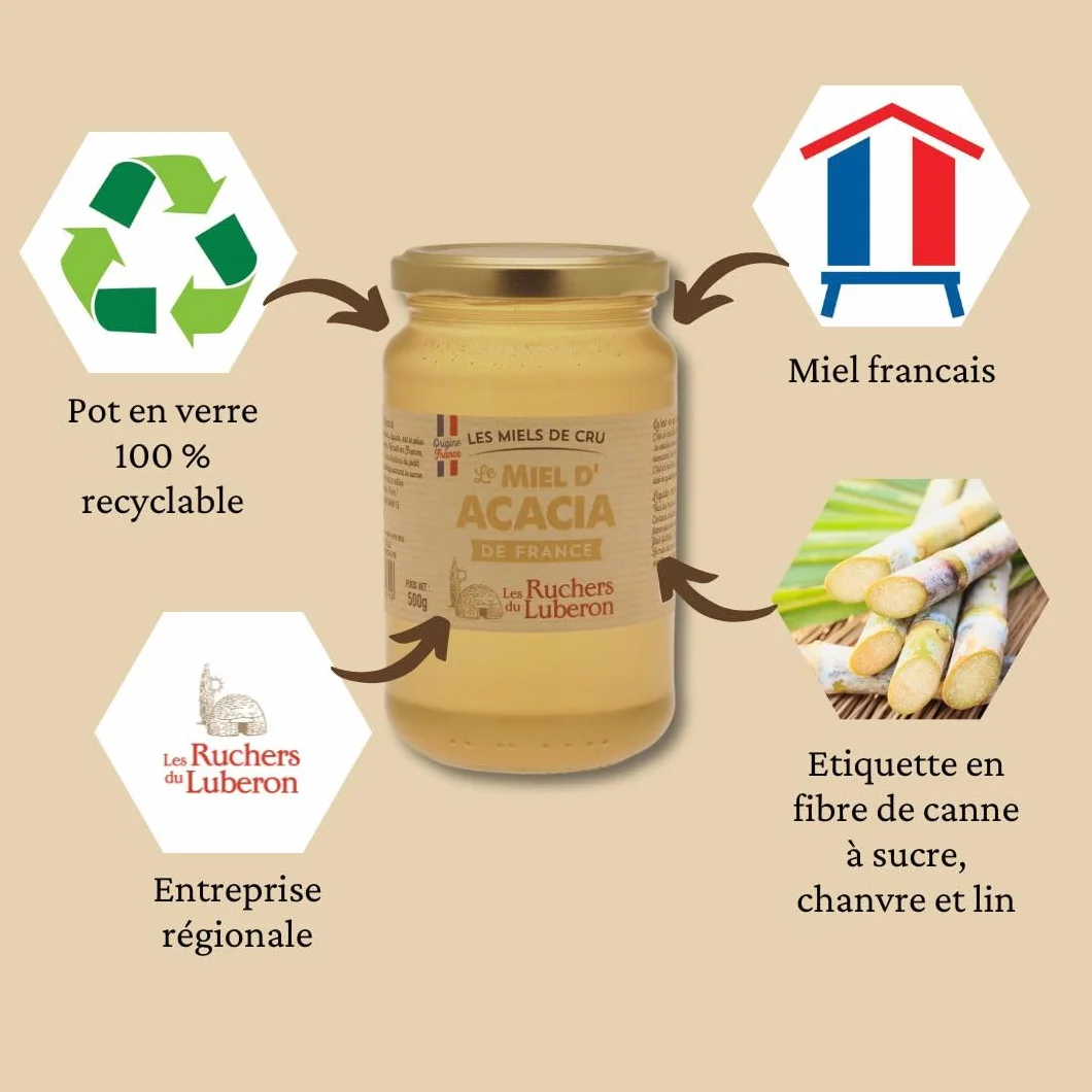 Les Ruchers du Luberon - Miel d’Acacia 500 g - Miel de Cru Francais Naturel - Pur - Non Filtré - Non Pasteurisé - Sans Additifs