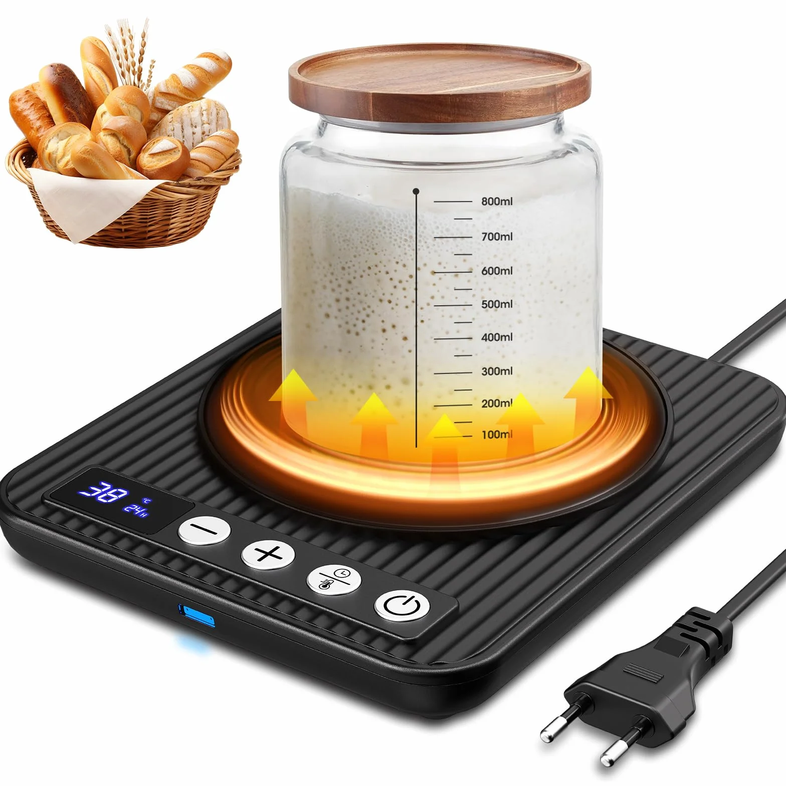 MQFORU Chauffe-levain - Contrôle précis du thermostat de 1 °C (21 à 38 °C) - Tapis chauffant au levain - Chauffe-eau pour démarrage au levain - Minuterie 0 à 24 h - Marche/arrêt automatique - Fonction