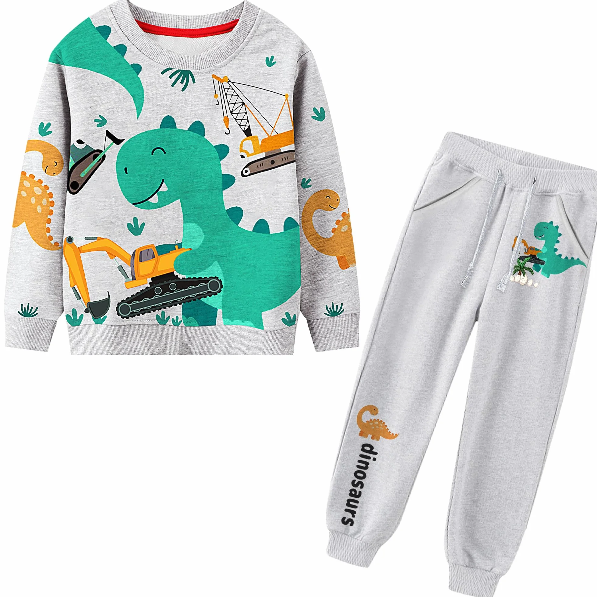 Ensembles Survêtements Dinosaure Imprimé Coton Jogging Pantalons et Haut Pullover pour Garçon 2-7 Ans