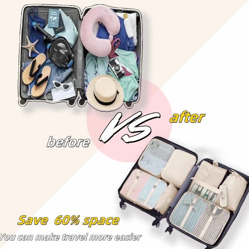Lot de 10 sacs de voyage légers - Organisateur de bagages - Valise de compression (beige)