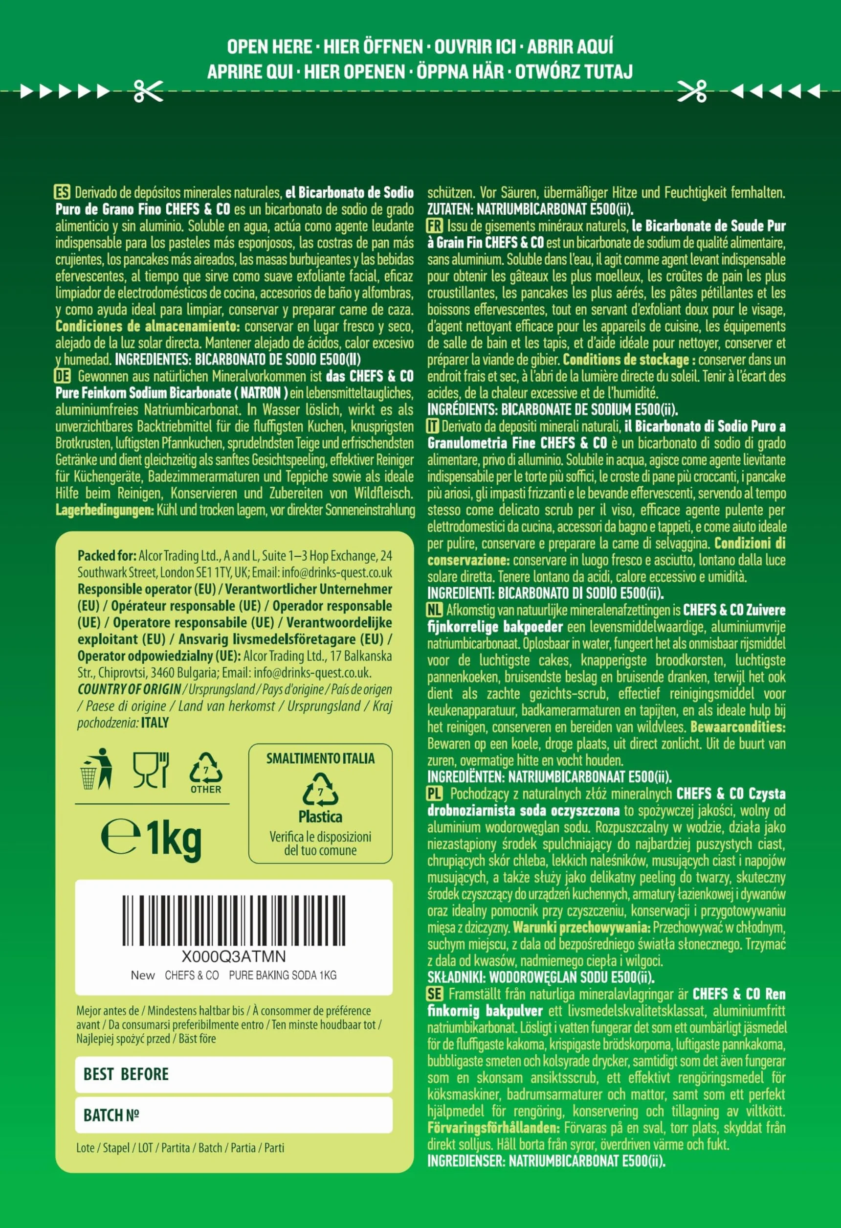 CHEFS & CO | Bicarbonate de Soude Pur (1 KG) | 100% Bicarbonate de Soude de Qualité Alimentaire | Bicarbonate pour Cuisiner, Boire et Nettoyer | Sans Aluminium | Sans BPA | Agent Levant (Paquet de 1)