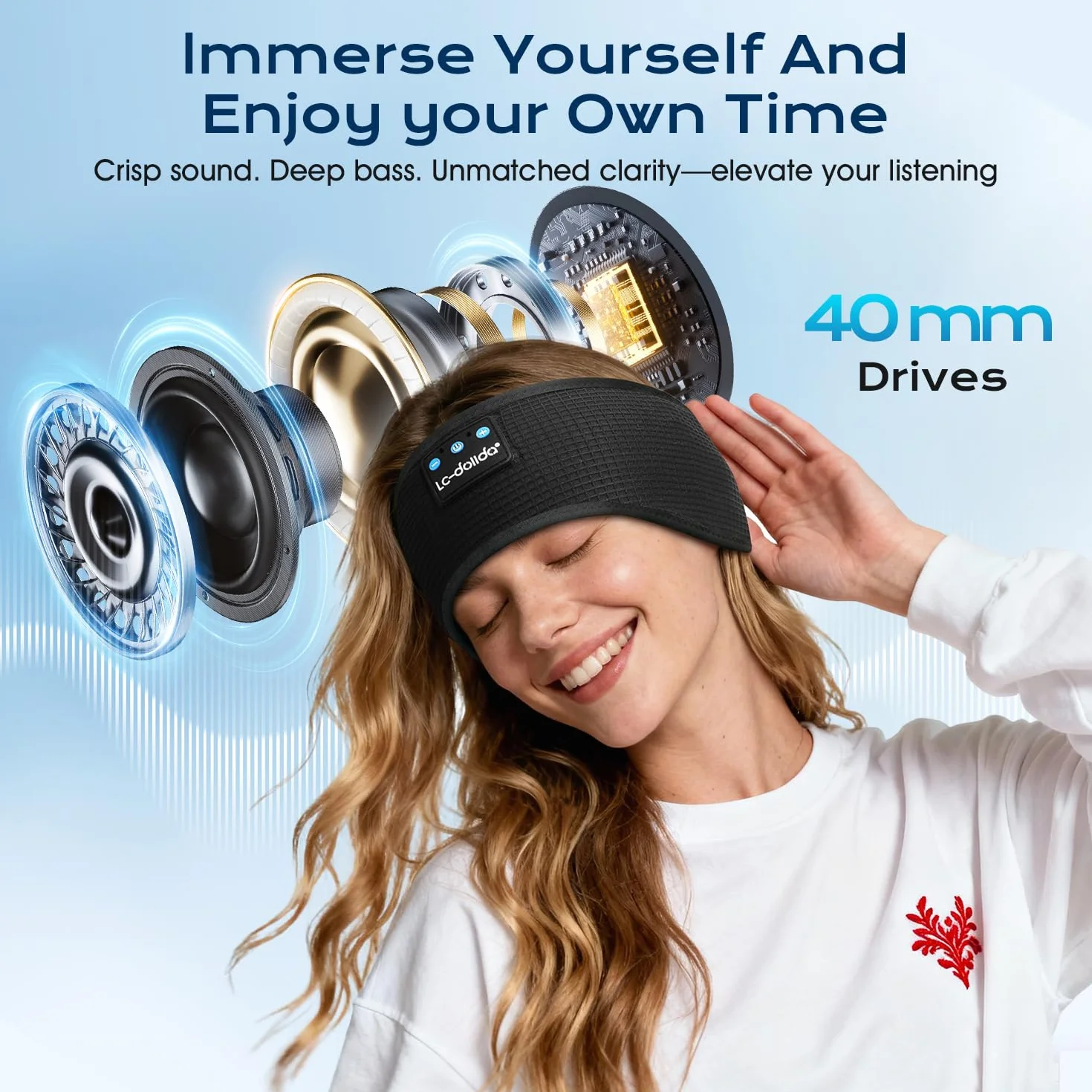 LC-dolida Bandeau Écouteurs de Sommeil Bluetooth V5.4, Casque Audio sans Fil, 15 Heures de Lecture, Stéréo HiFi