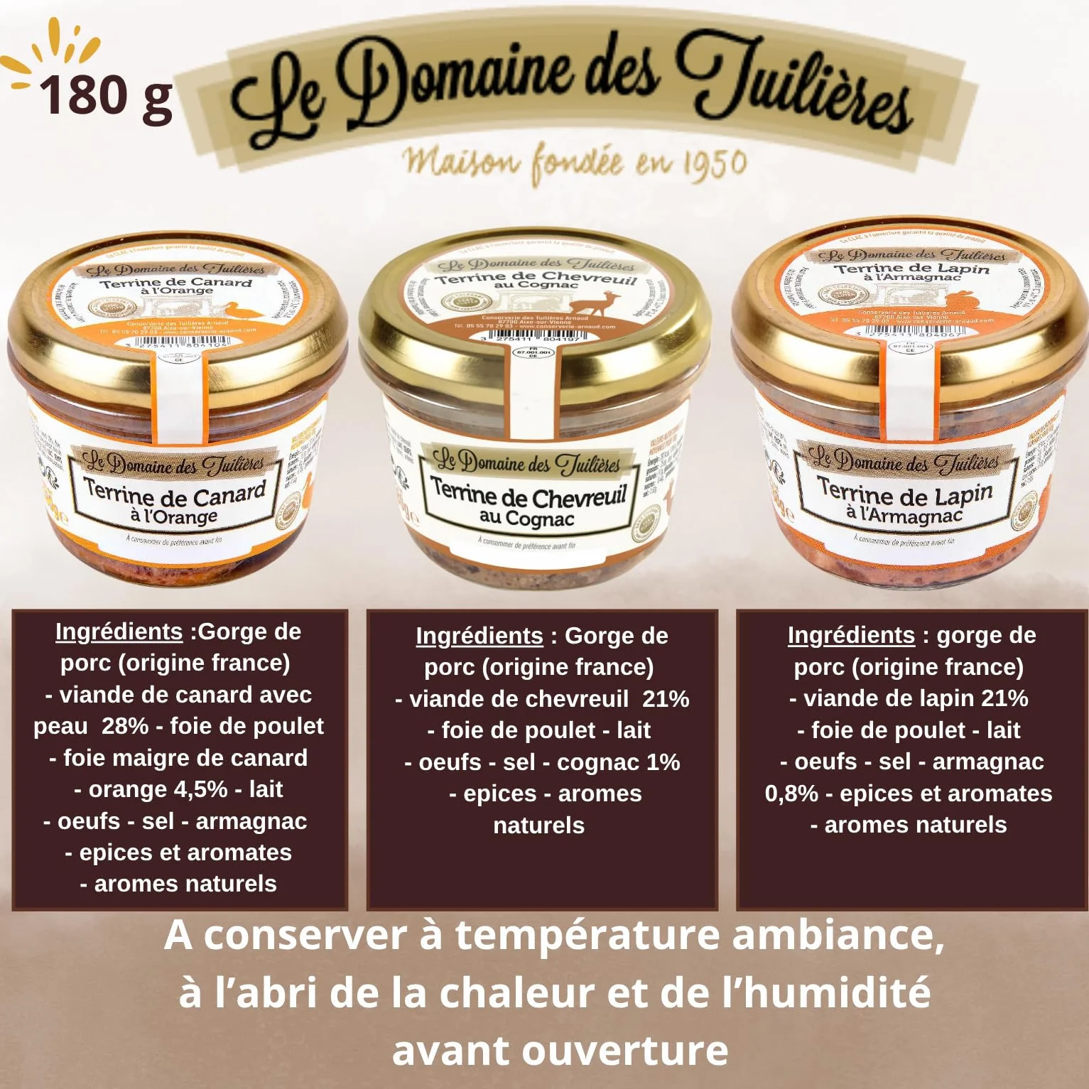 Trio de Terrines - Chevreuil/Canard/Lapin sans conservateurs artificiels | 3 bocaux de 180g pour un apéritif ou une entrée réussis