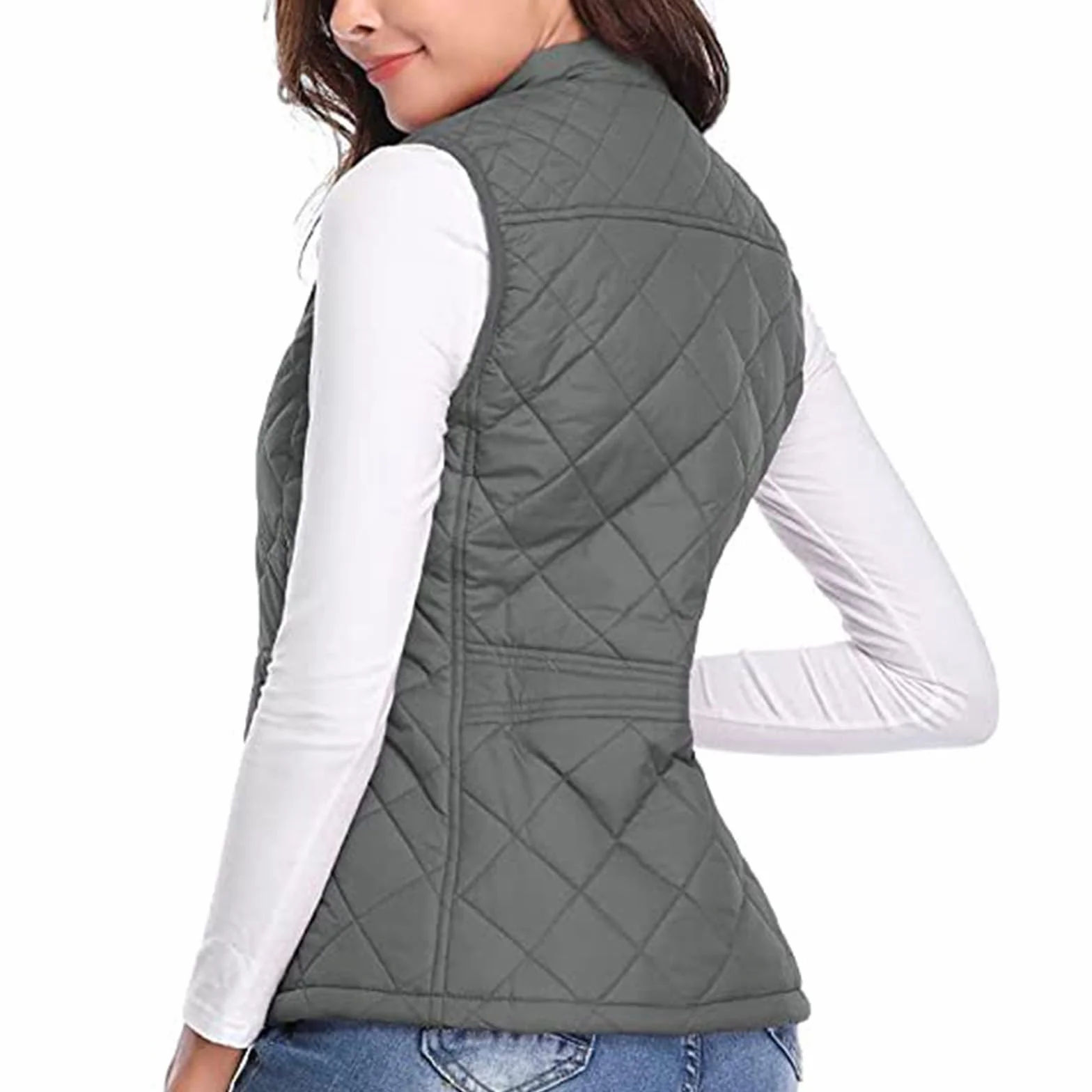 Gilet matelassé pour femme avec poches zippées col montant veste légère rembourrée sans manches coupe ajustée