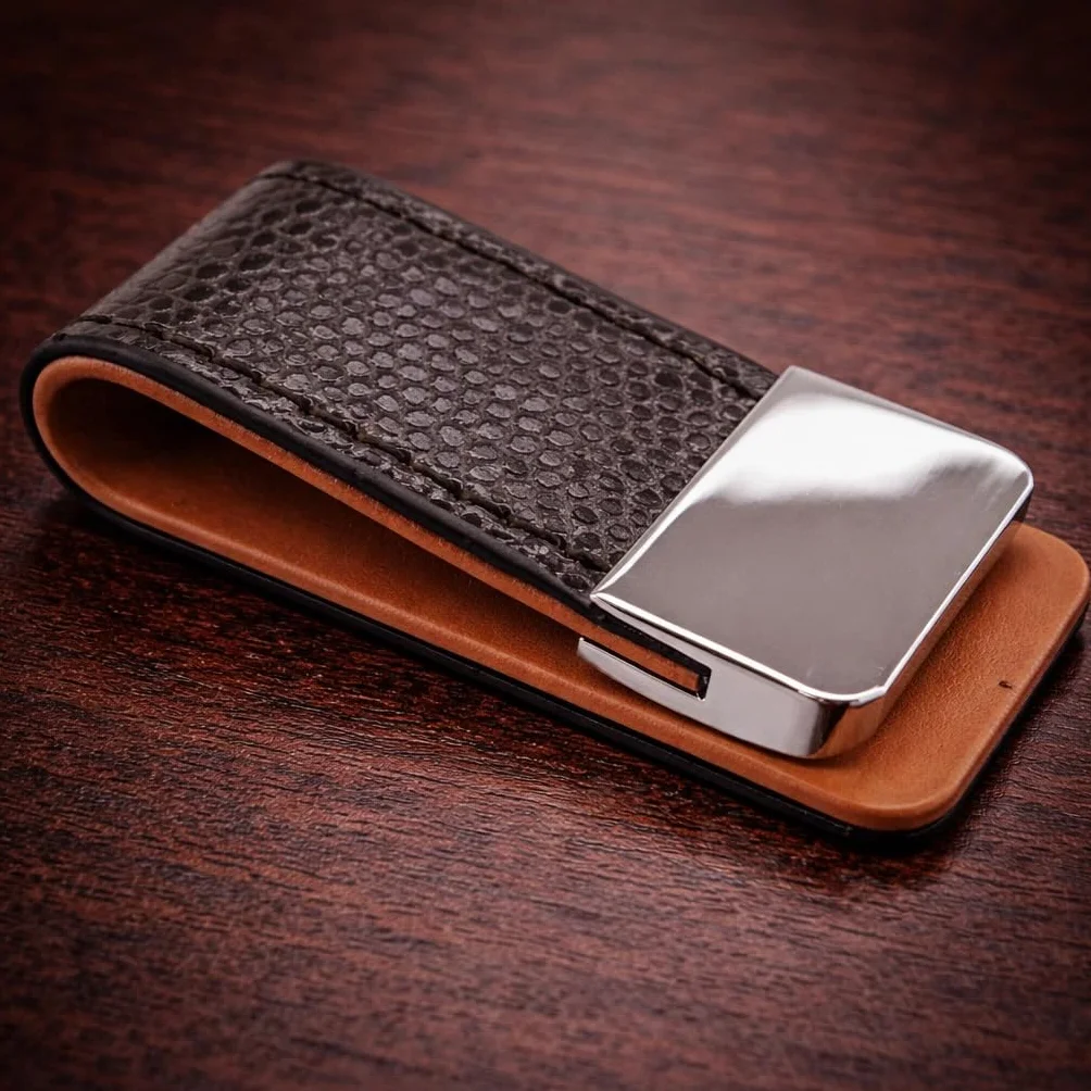 Pince à billets en cuir acier inoxydable Noir marron 55mm x 25mm